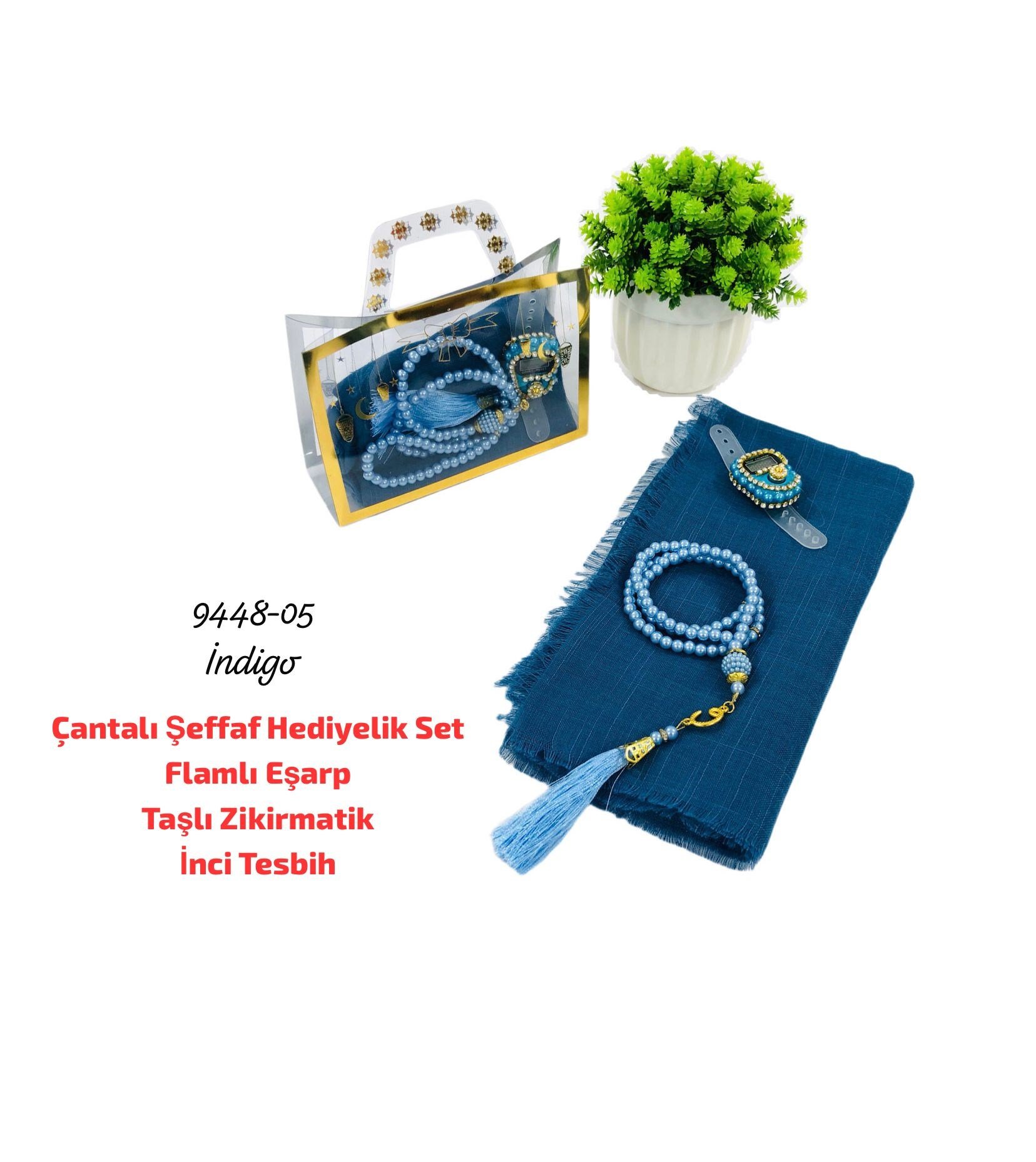 Çantalı Şeffaf Hediyelik Set Eşarp Tesbih Zikirmatik