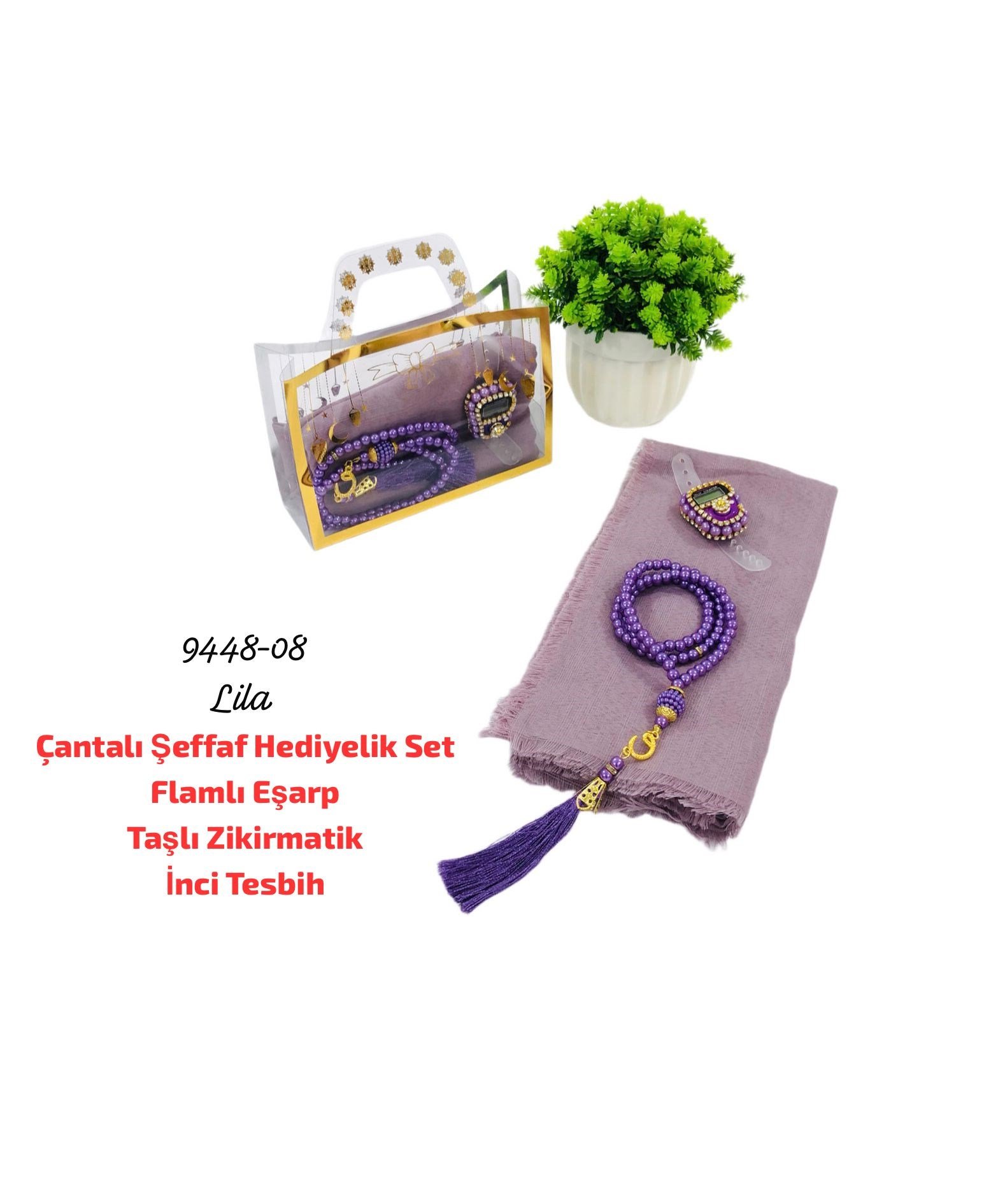 Çantalı Şeffaf Hediyelik Set Eşarp Tesbih Zikirmatik