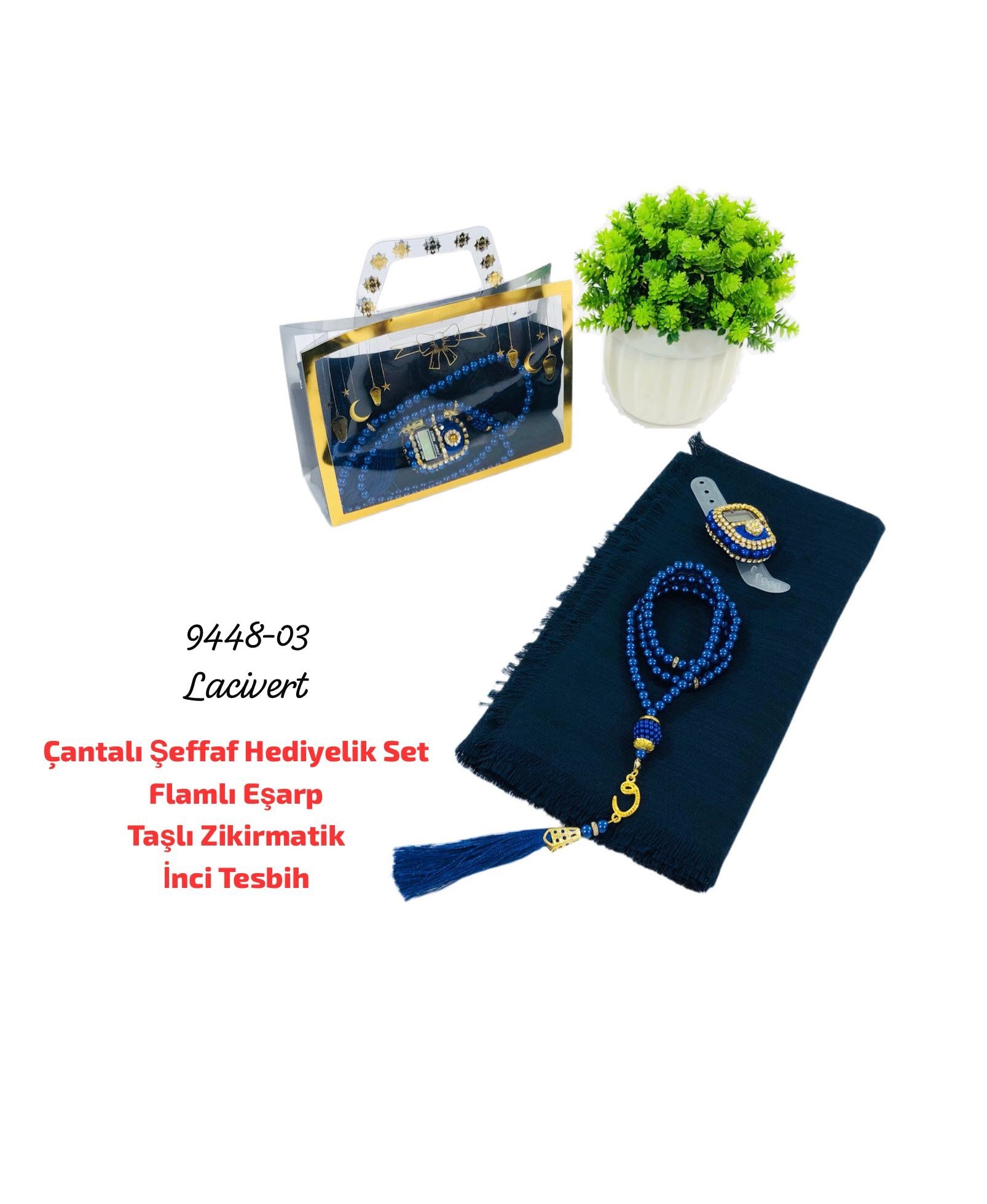 Çantalı Şeffaf Hediyelik Set Eşarp Tesbih Zikirmatik