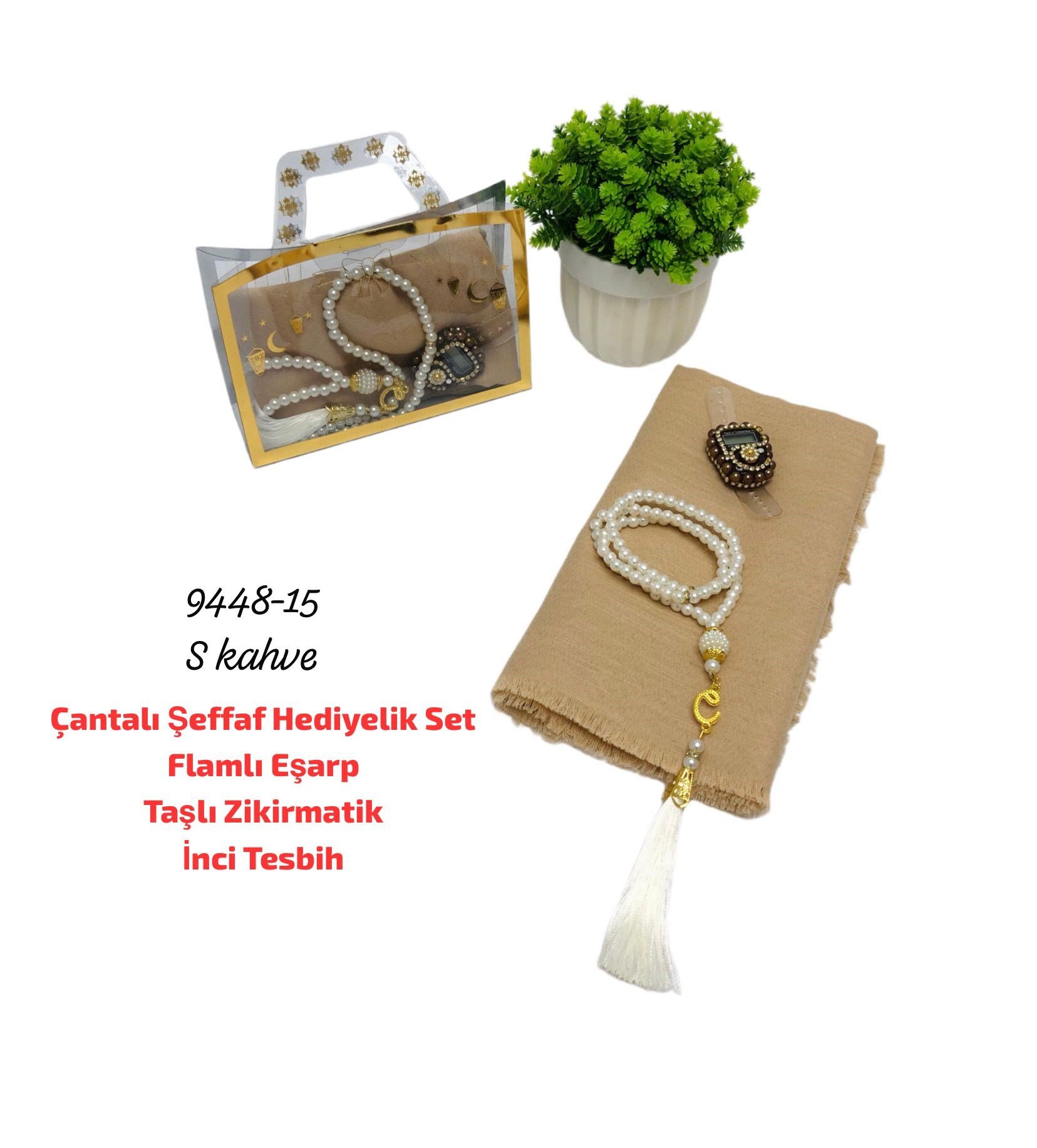 Çantalı Şeffaf Hediyelik Set Eşarp Tesbih Zikirmatik