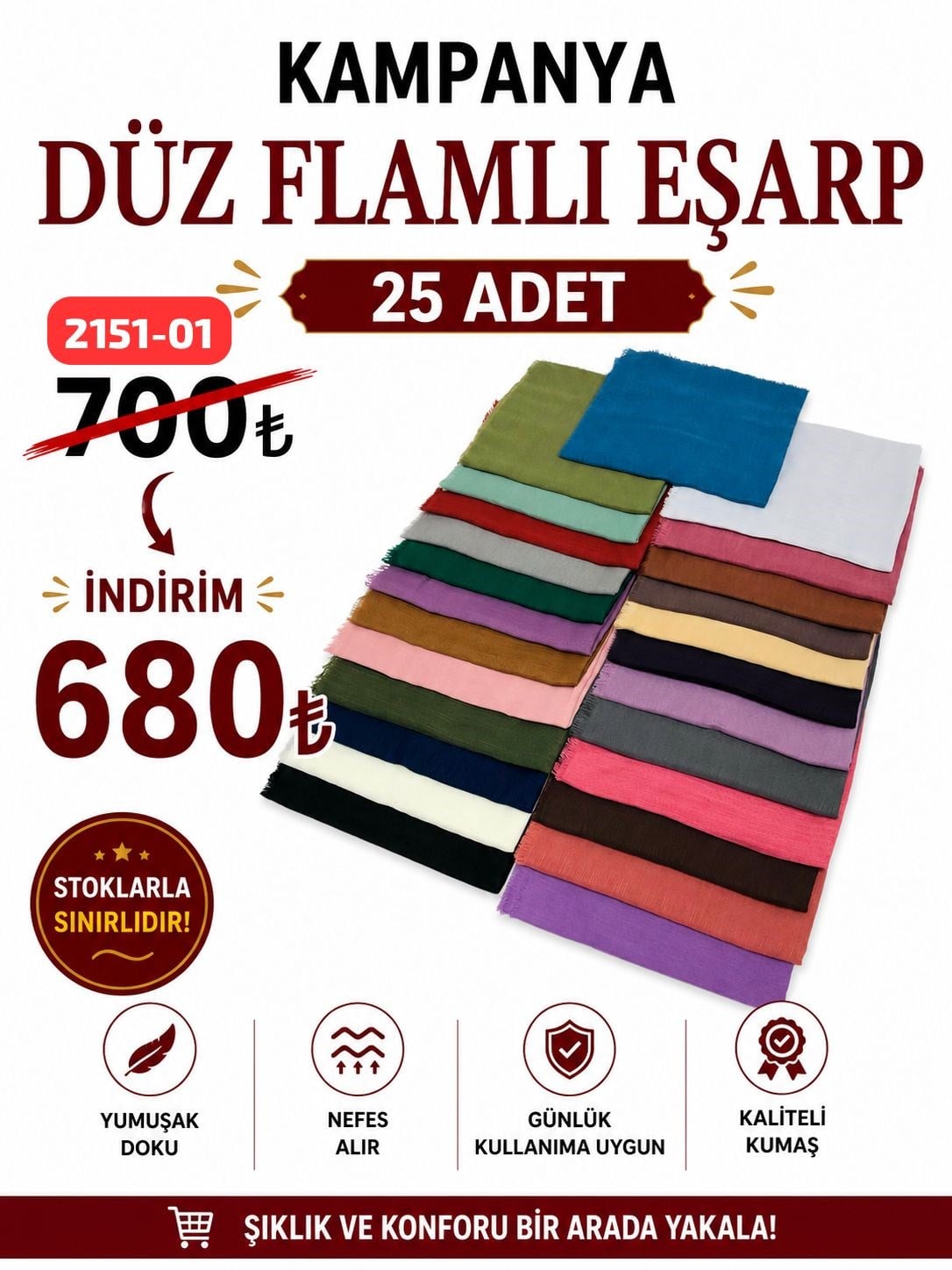 Kampanyalı Düz  Flamlı Eşarp