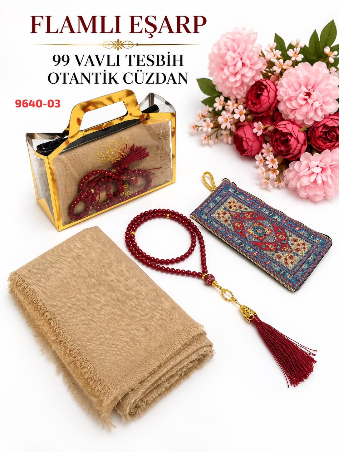 Flamlı Eşarp Otantik Cüzdan Tesbih Set