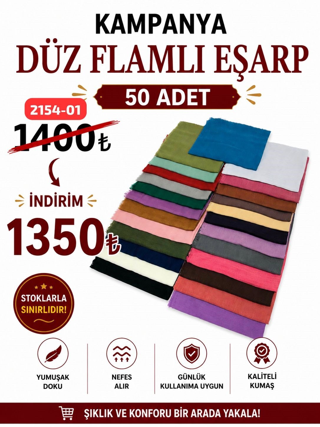 Kampanyalı Düz Flamlı Eşarp