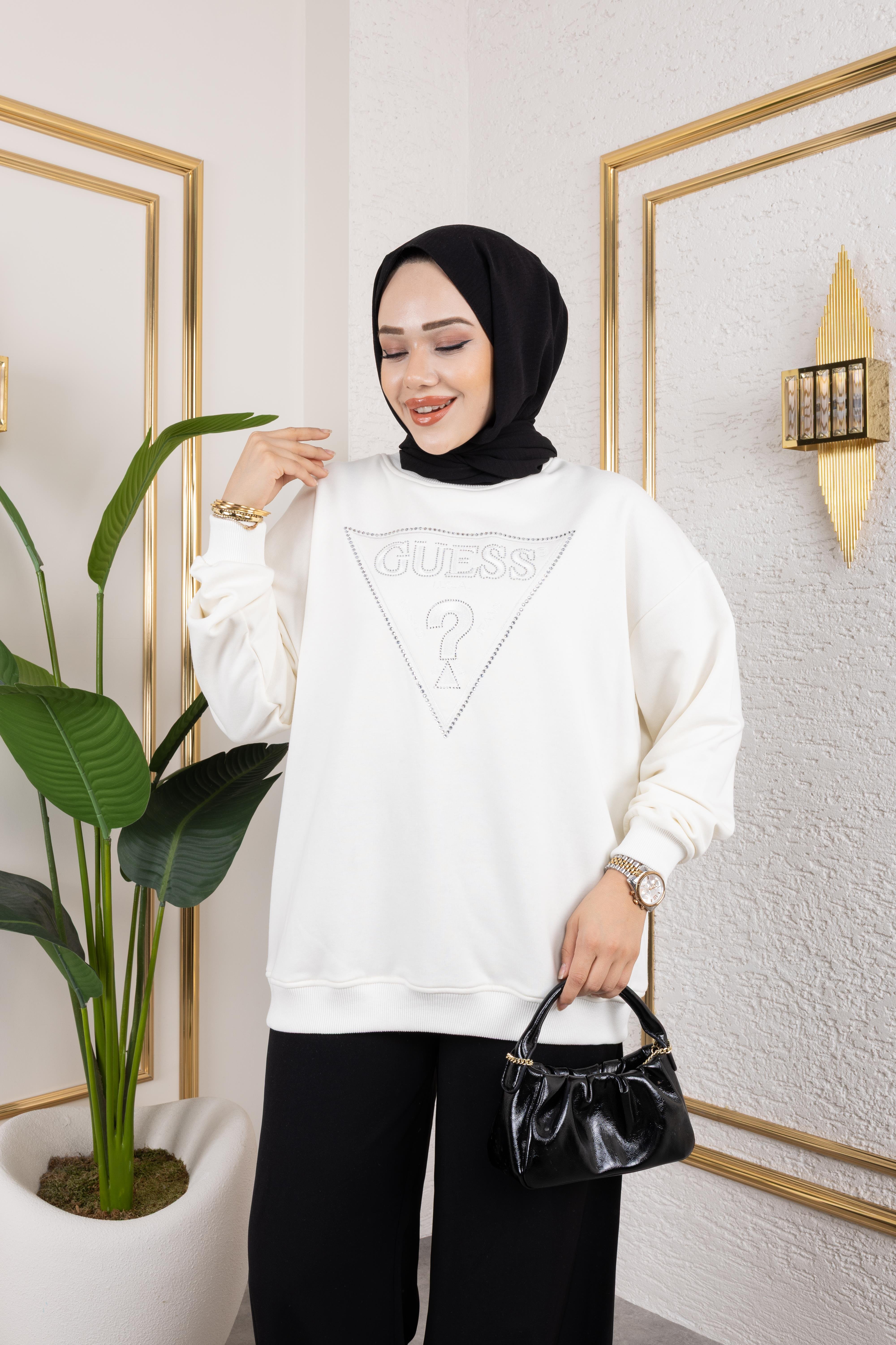 G**s Nakışlı Taşlı Sweat Beyaz