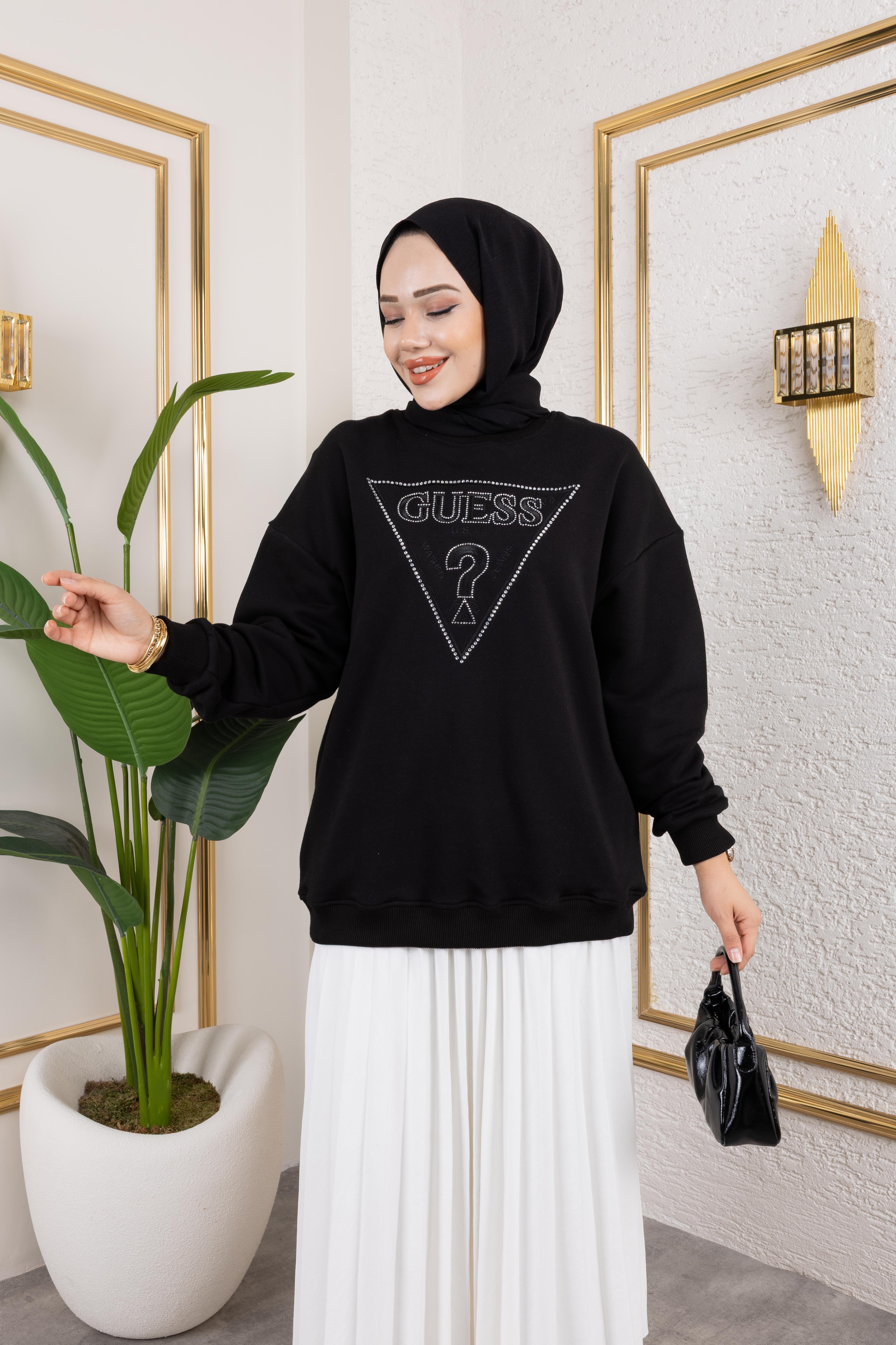 G**s Nakışlı Taşlı Sweat Siyah