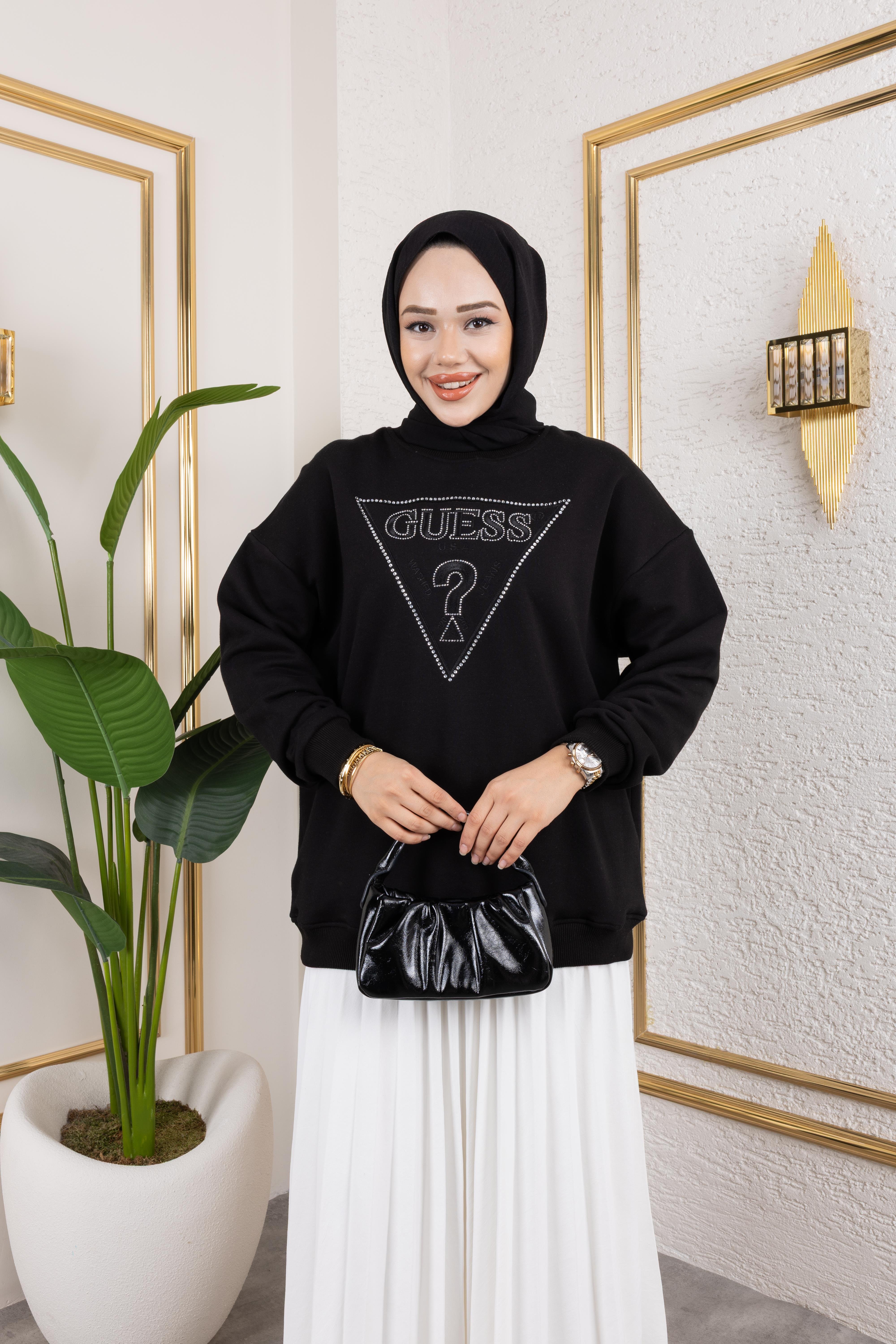 G**s Nakışlı Taşlı Sweat Siyah