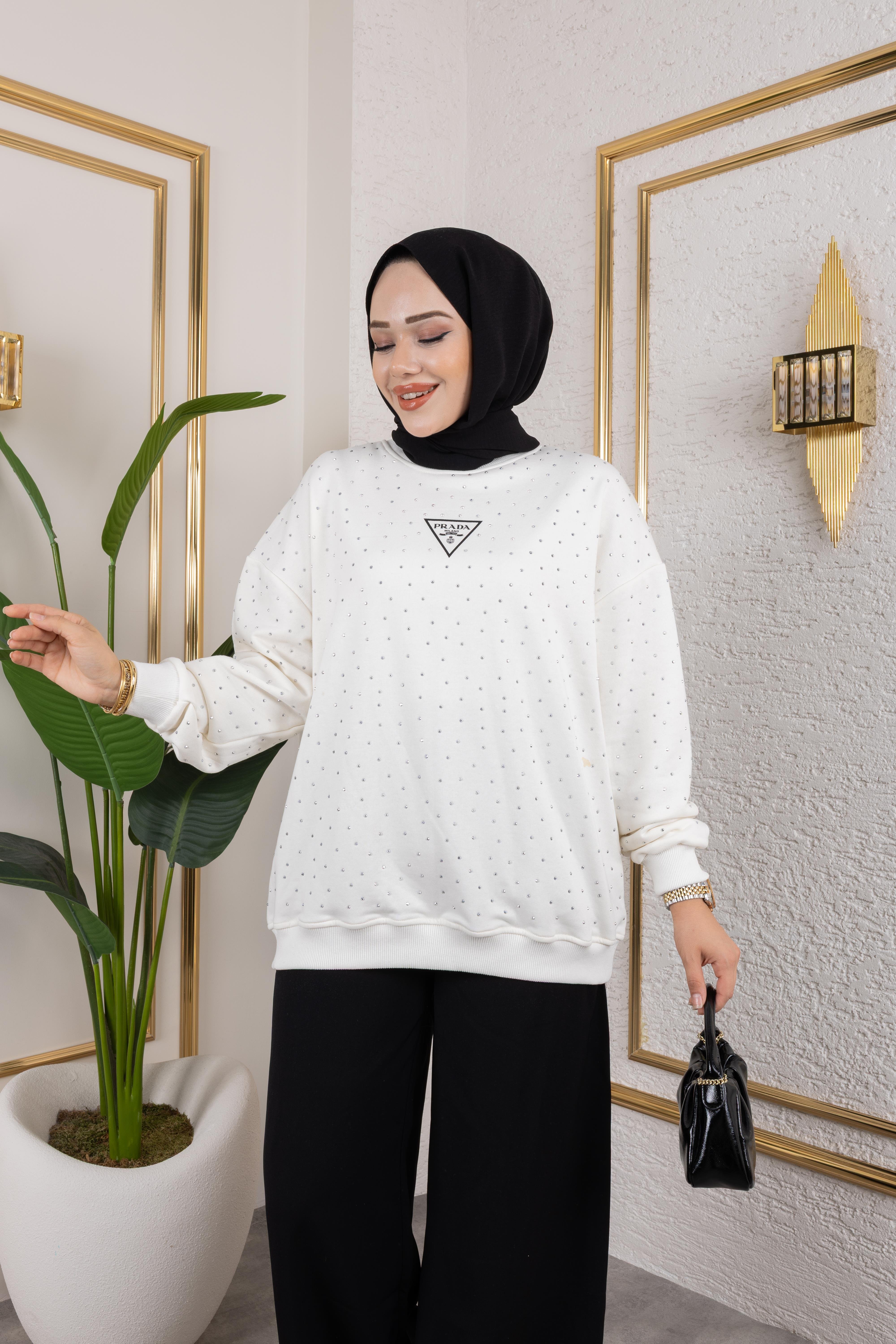 P*ada Full Taşlı Sweat Beyaz
