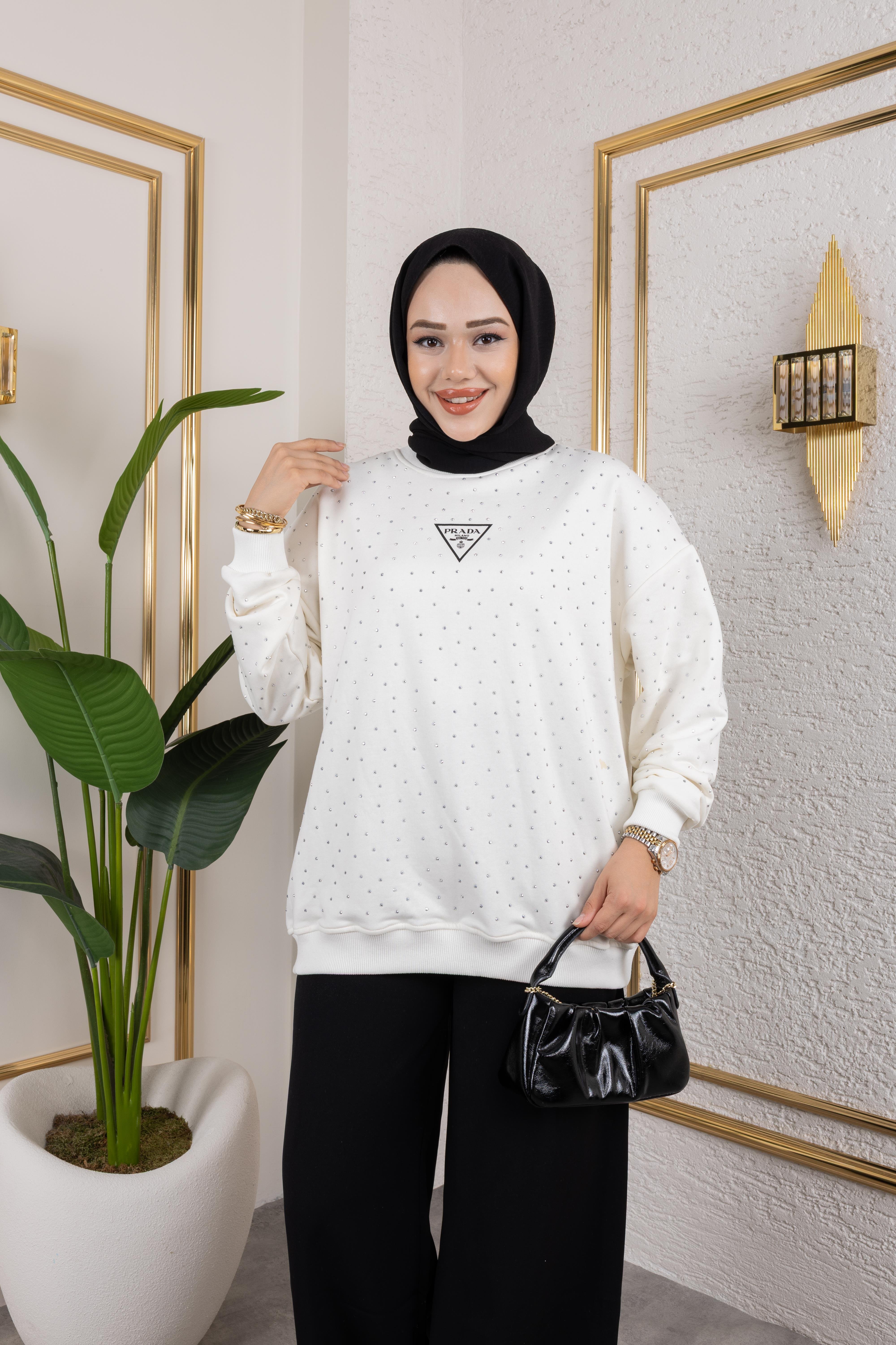 P*ada Full Taşlı Sweat Beyaz