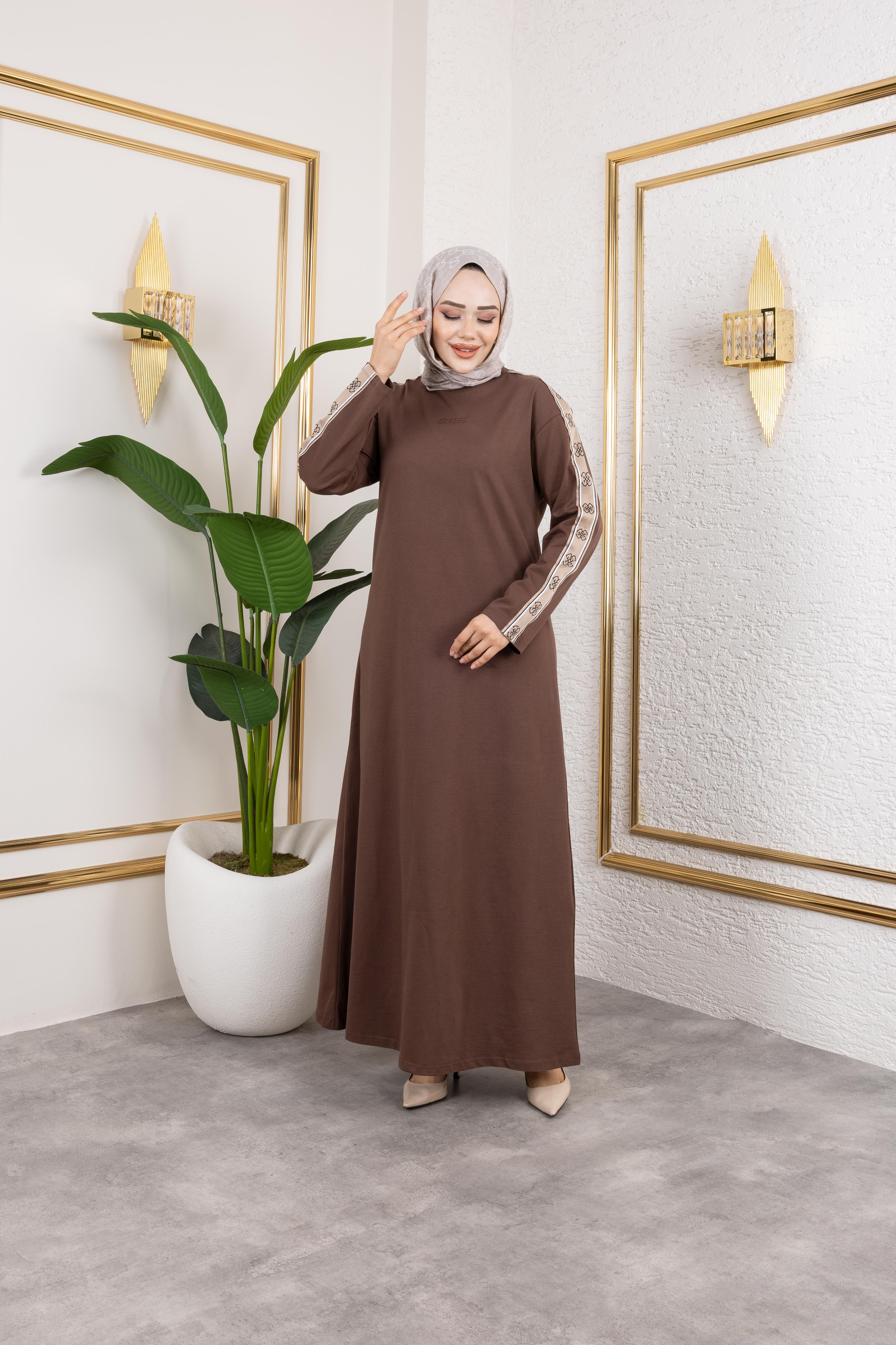 Premium Baskı Ve Kolları Şeritli Elbise Kahve