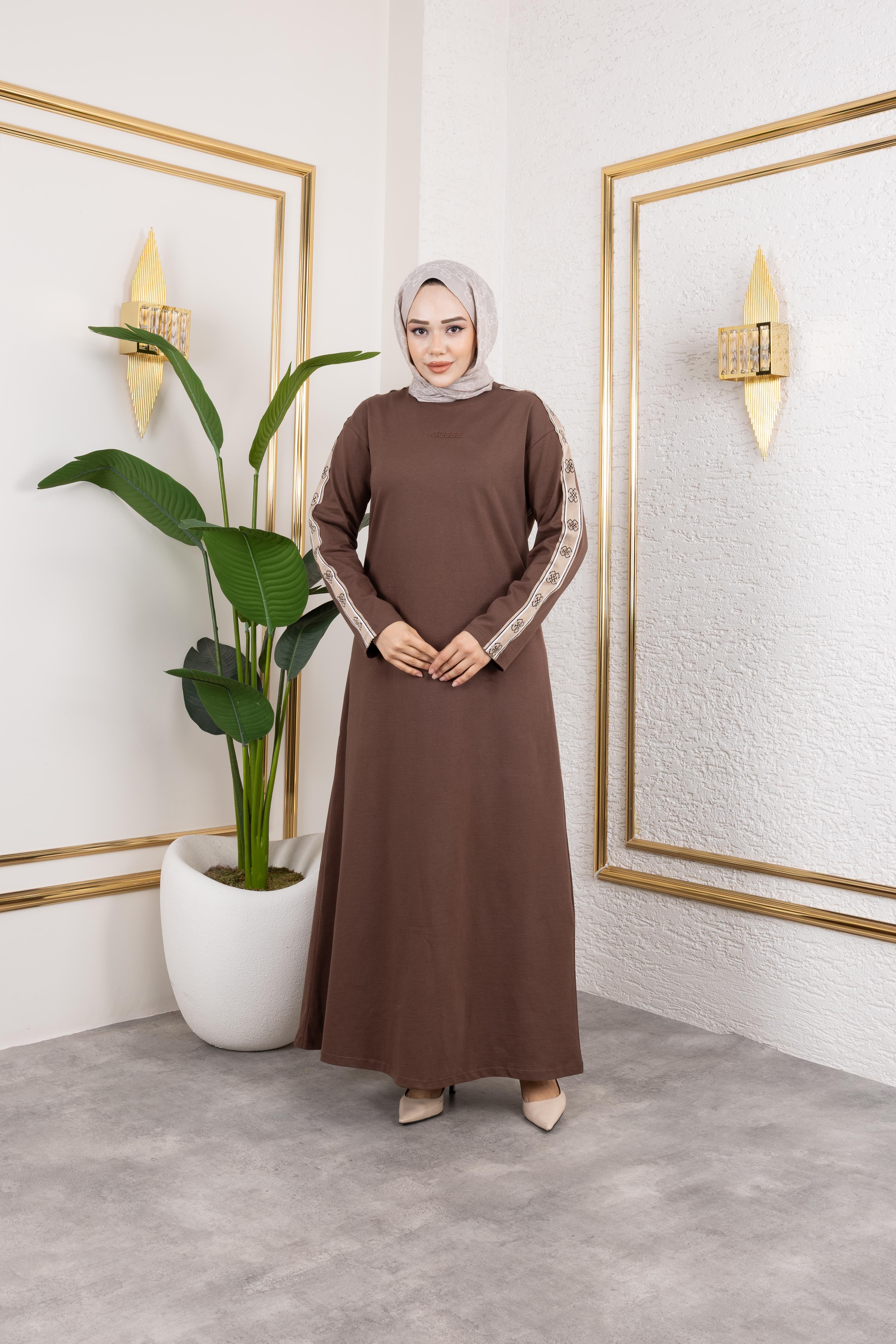 Premium Baskı Ve Kolları Şeritli Elbise Kahve