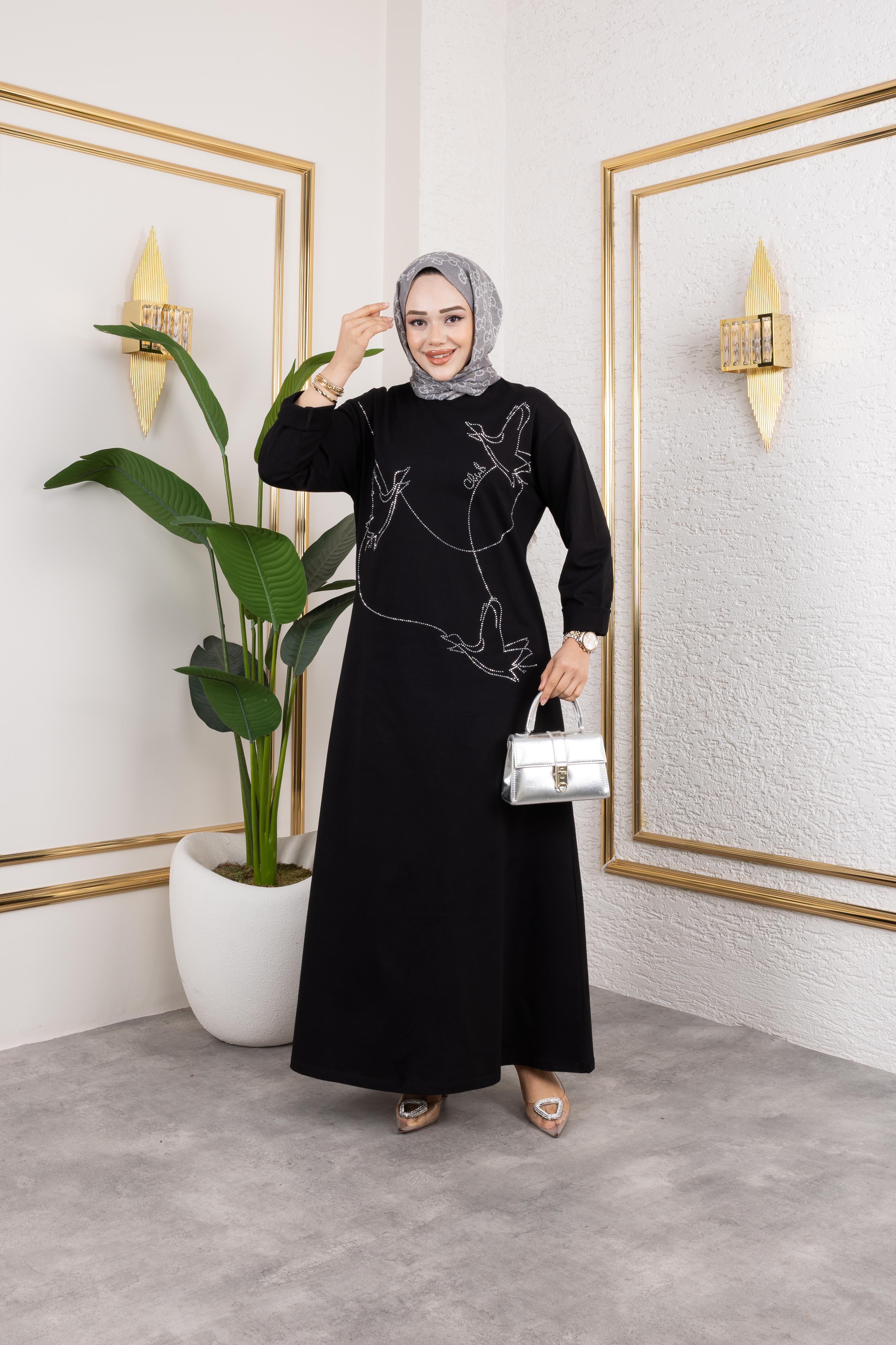Premium Bymn Taşlı Elbise Siyah