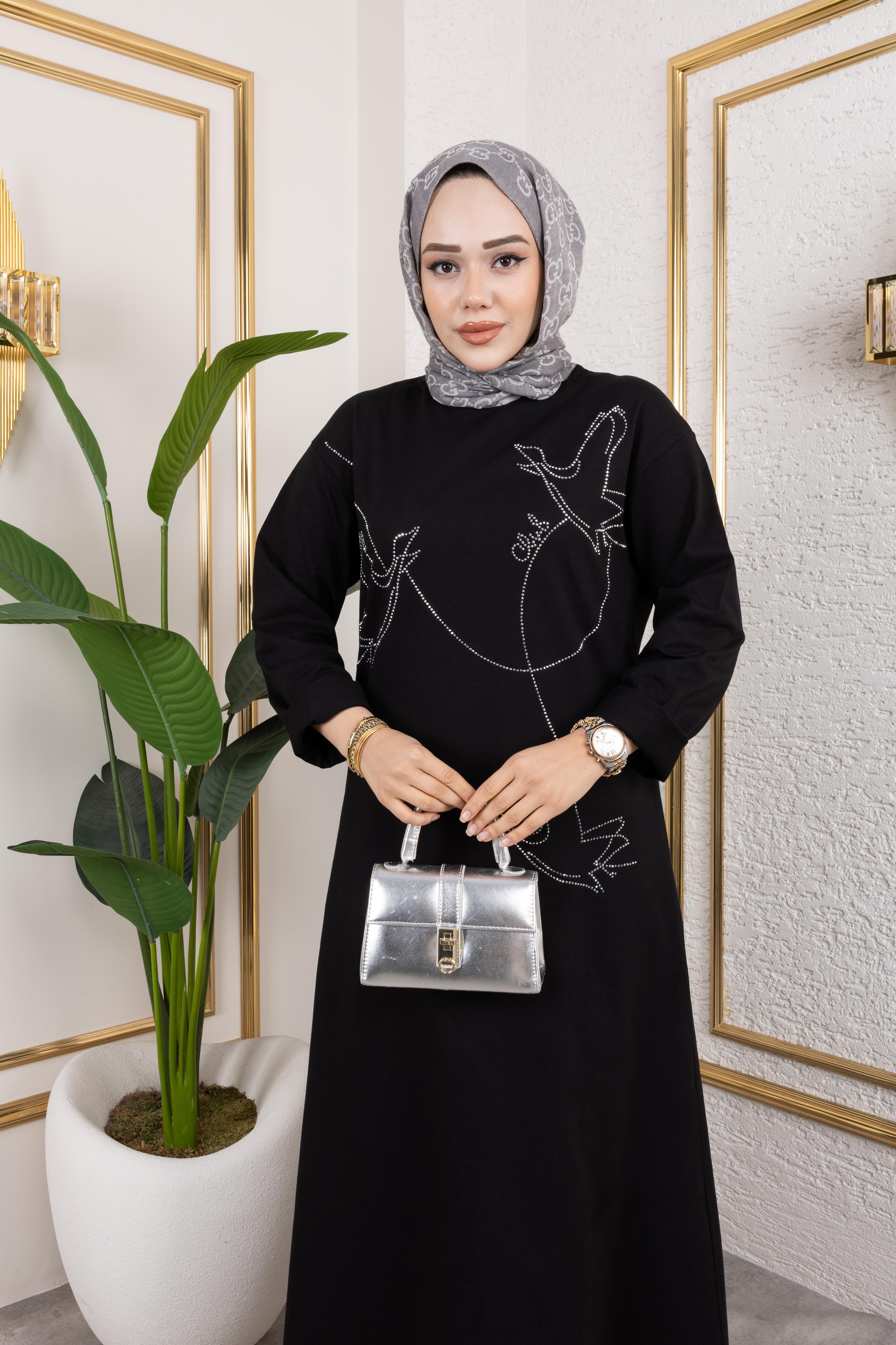 Premium Bymn Taşlı Elbise Siyah