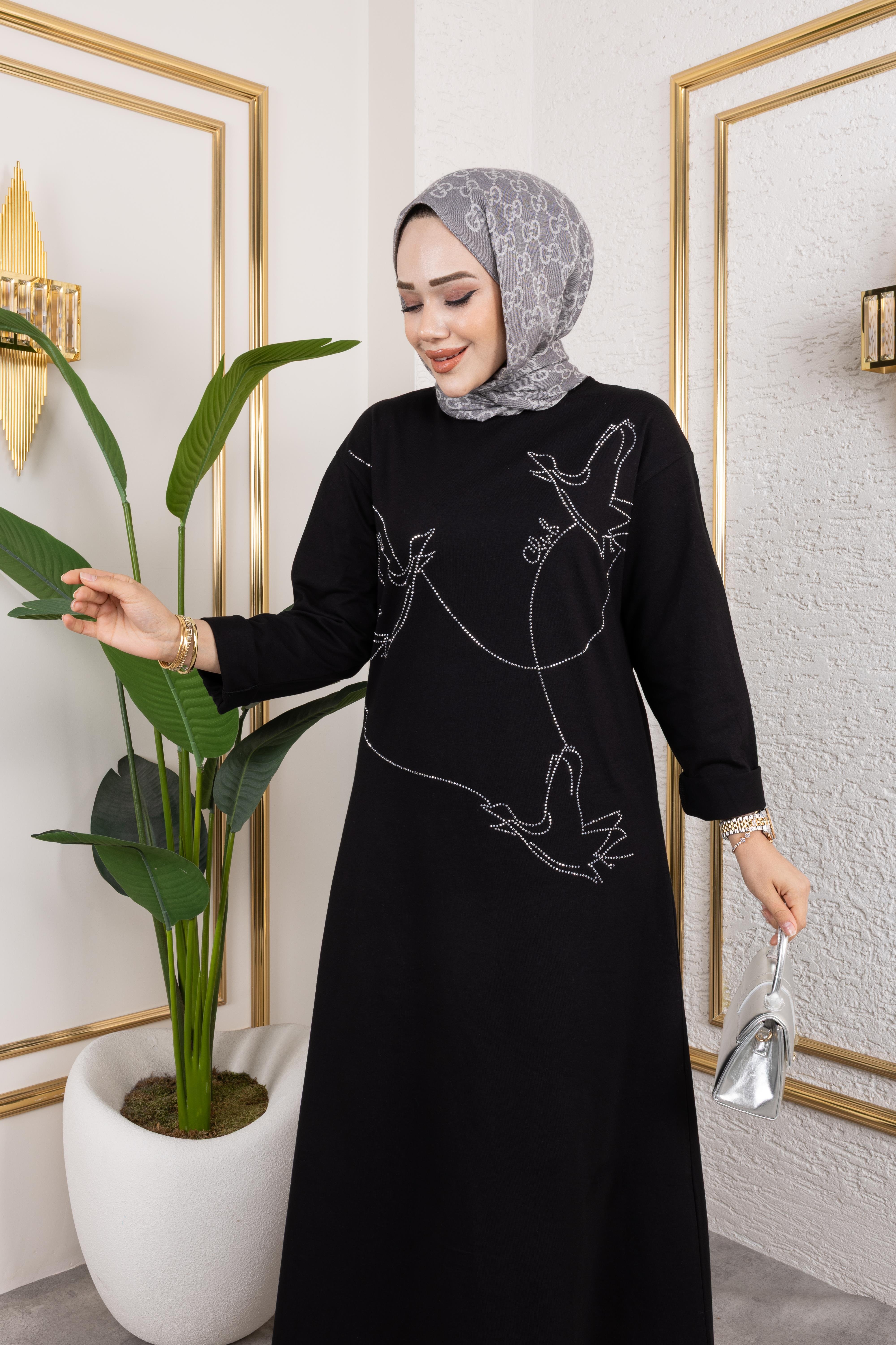 Premium Bymn Taşlı Elbise Siyah