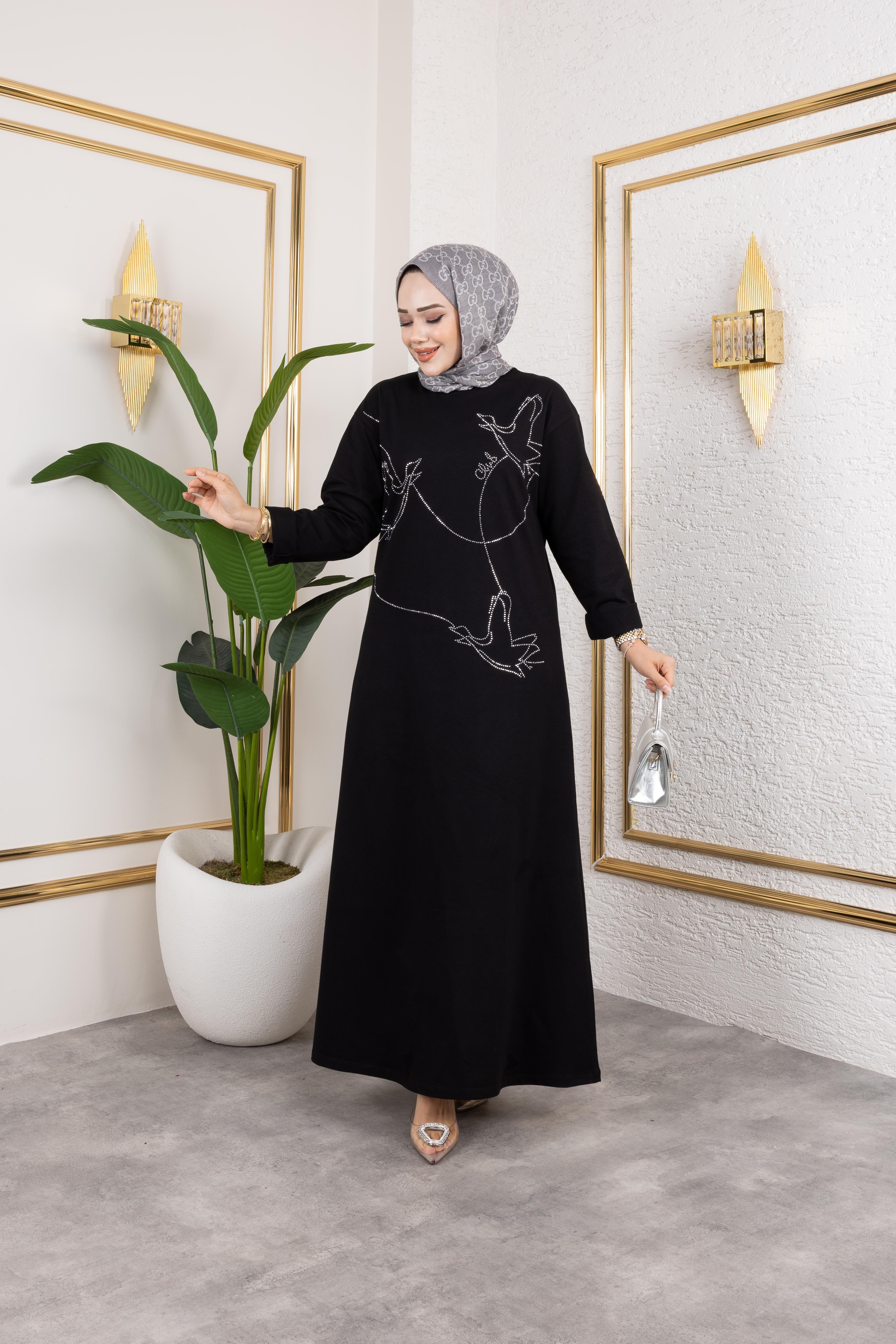 Premium Bymn Taşlı Elbise Siyah
