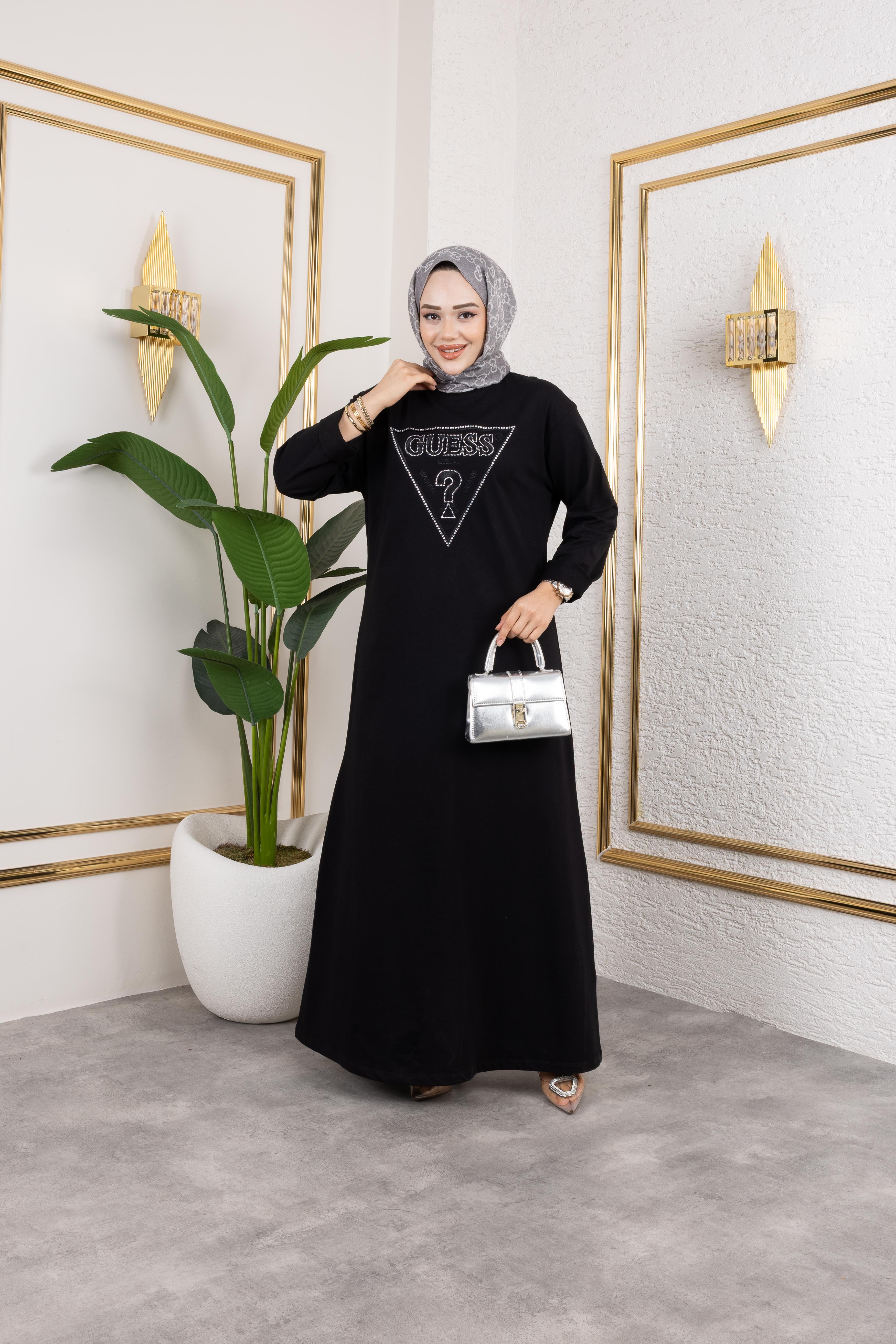Premium Marka Nakışlı Taşlı Elbise Siyah