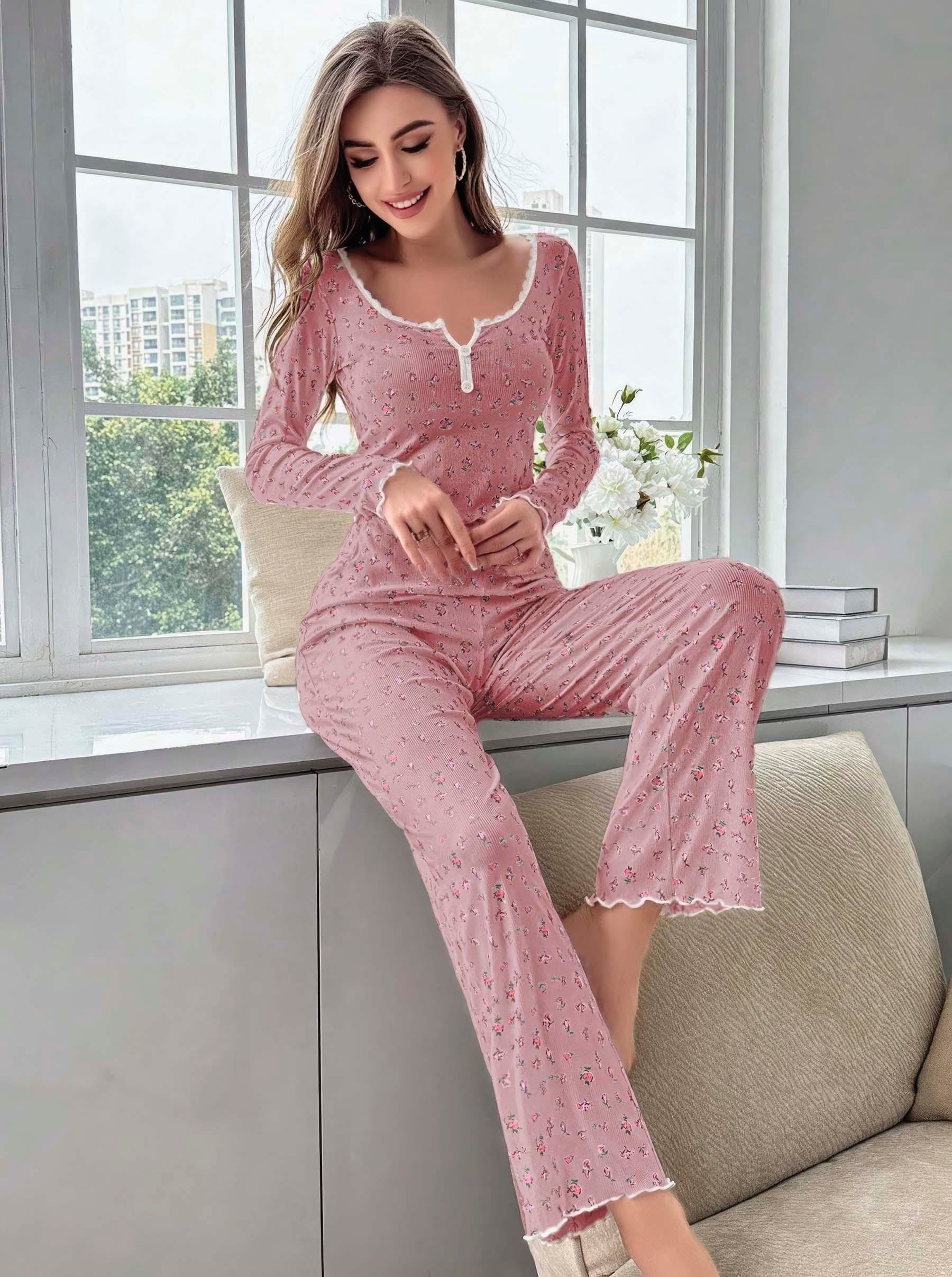  Kadın Çiçek Desenli Yumuşak Pamuklu Uzun Pijama Takımı 5132