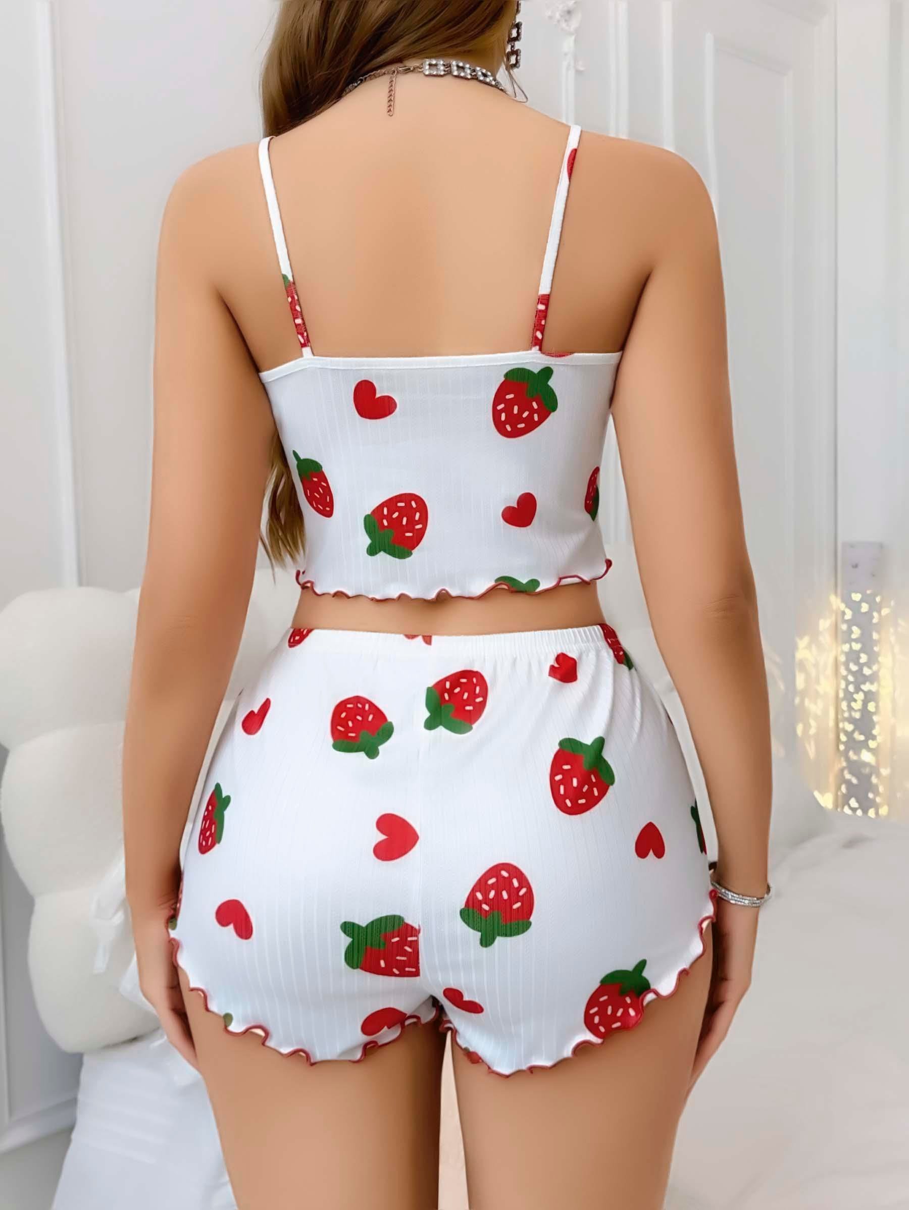Kadın Beyaz Çilek desenli Şortlu Pijama Takımı 5053