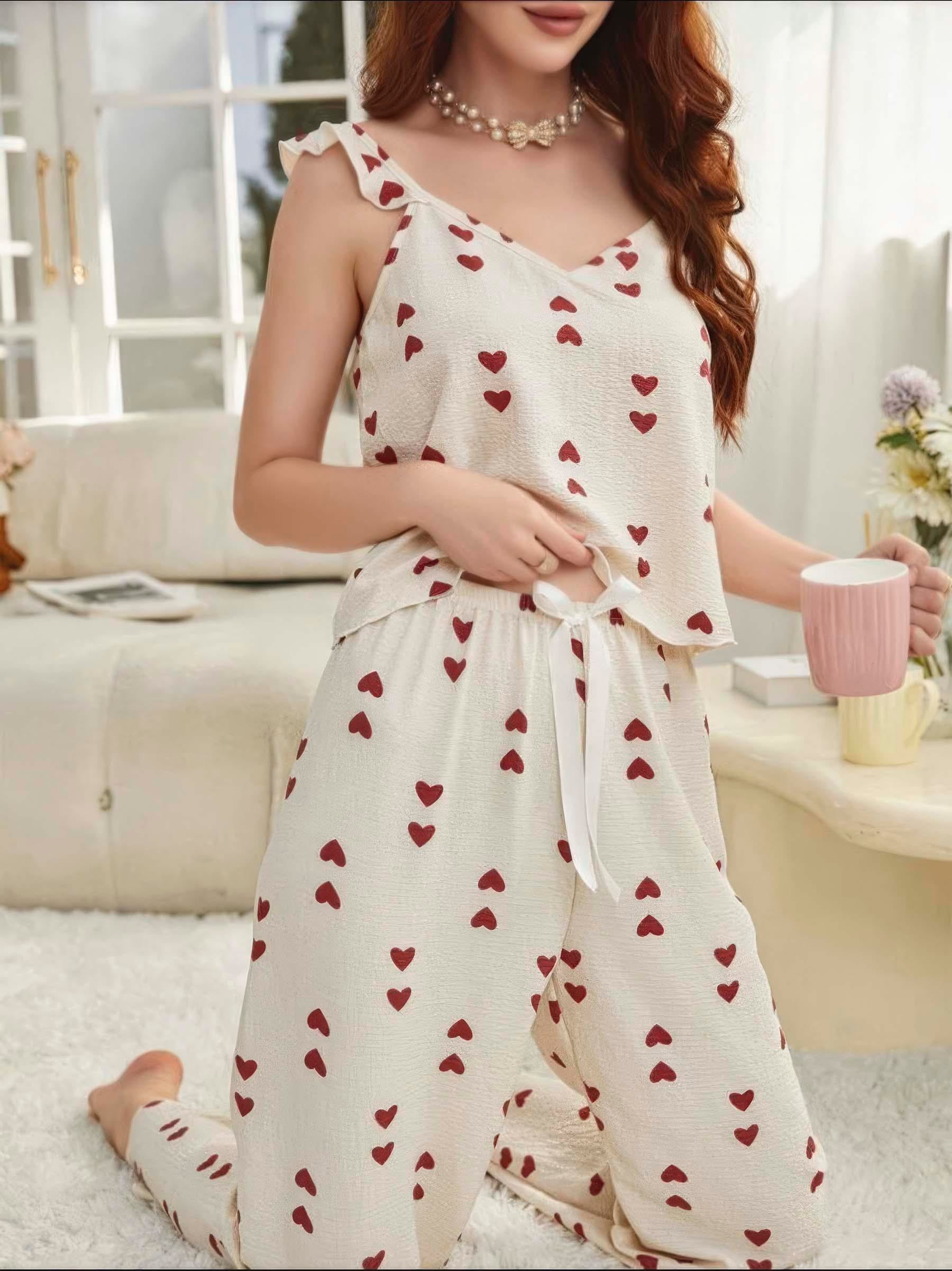 Kadın Ekru Kırmızı Kalp Desenli Yumuşak Pamuklu Uzun Pijama Takımı 5136