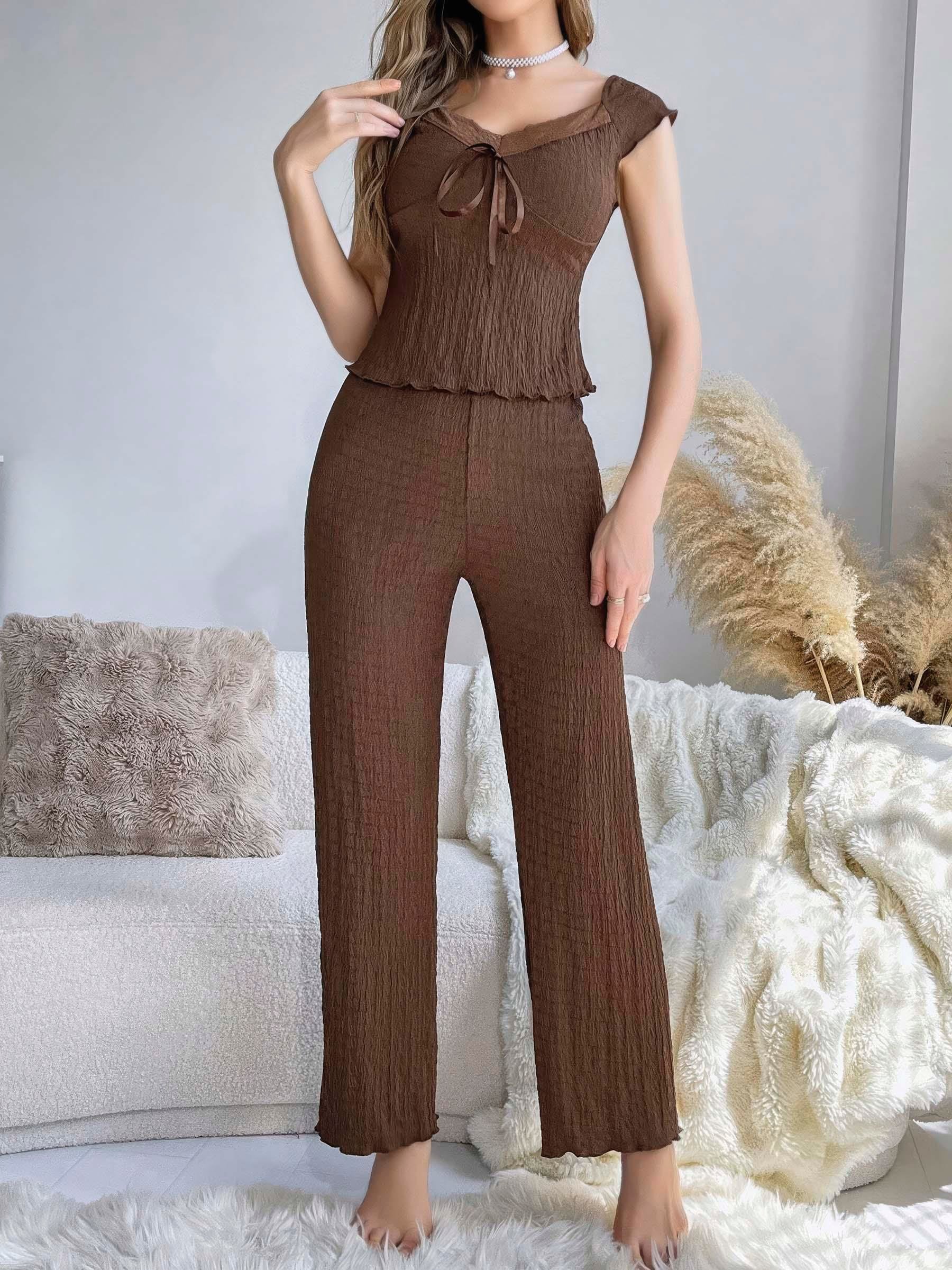 Kadın Kahverengi Kurdela Detaylı Yumuşak Pamuklu Uzun Pijama Takımı 5135