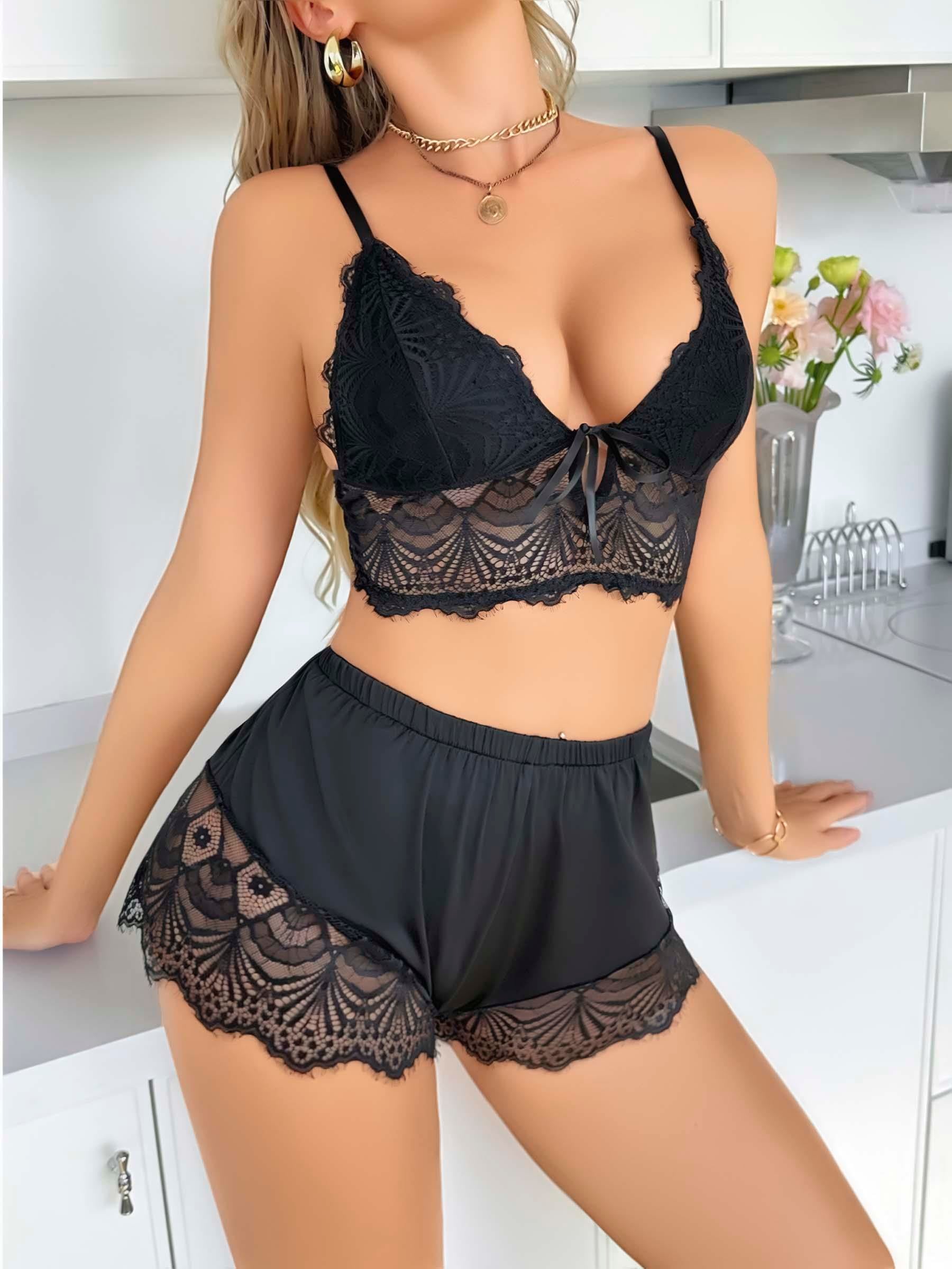 Kadın Siyah Dantel Detaylı Şortlu Pijama Takımı 5054