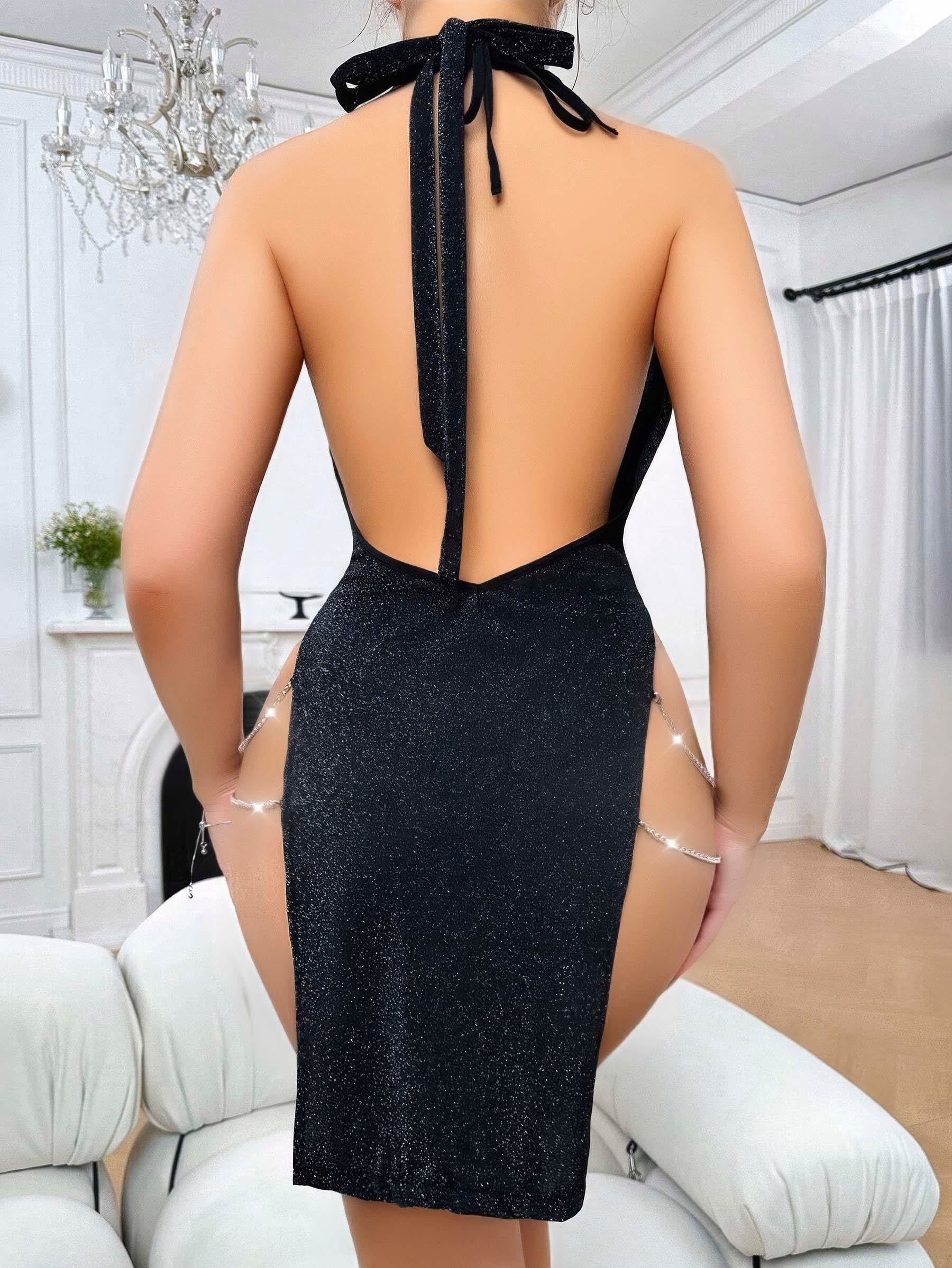 Siyah Seksi Elbise Zincirli