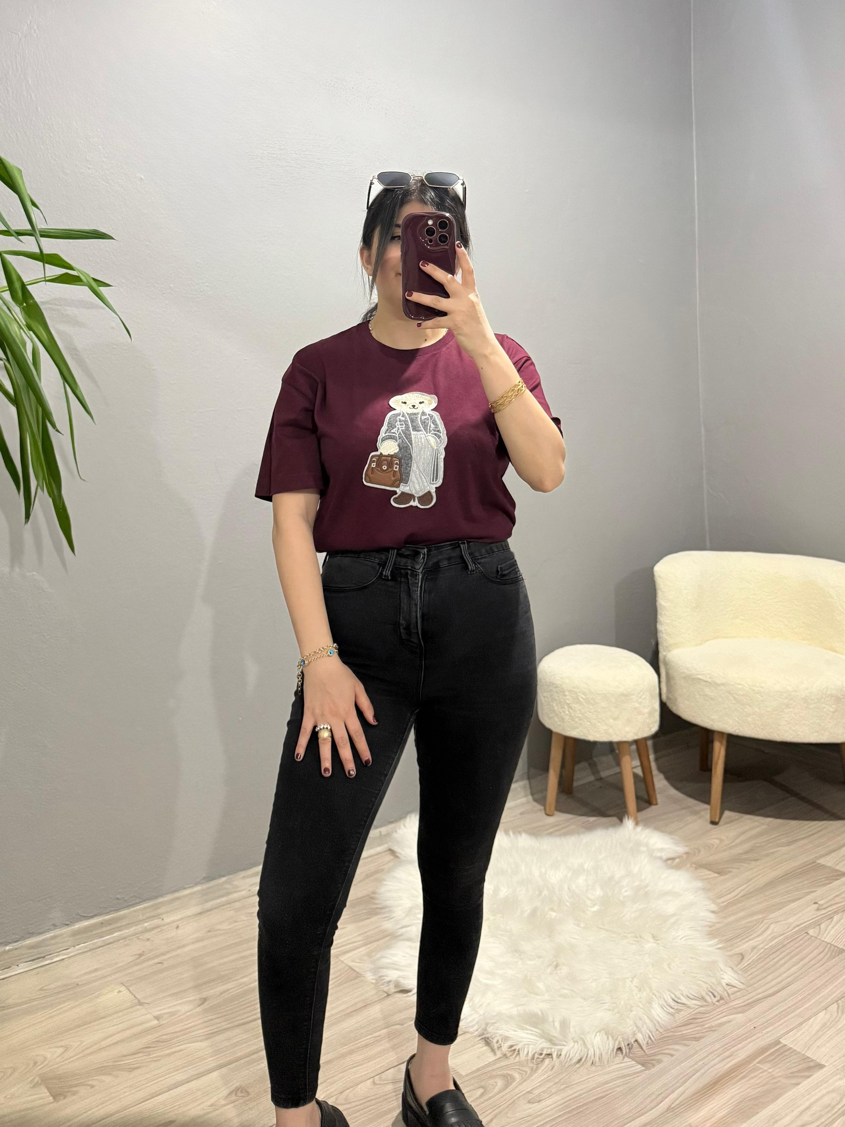 Bisiklet Yaka Ayıcık Detaylı Tshirt - Bordo