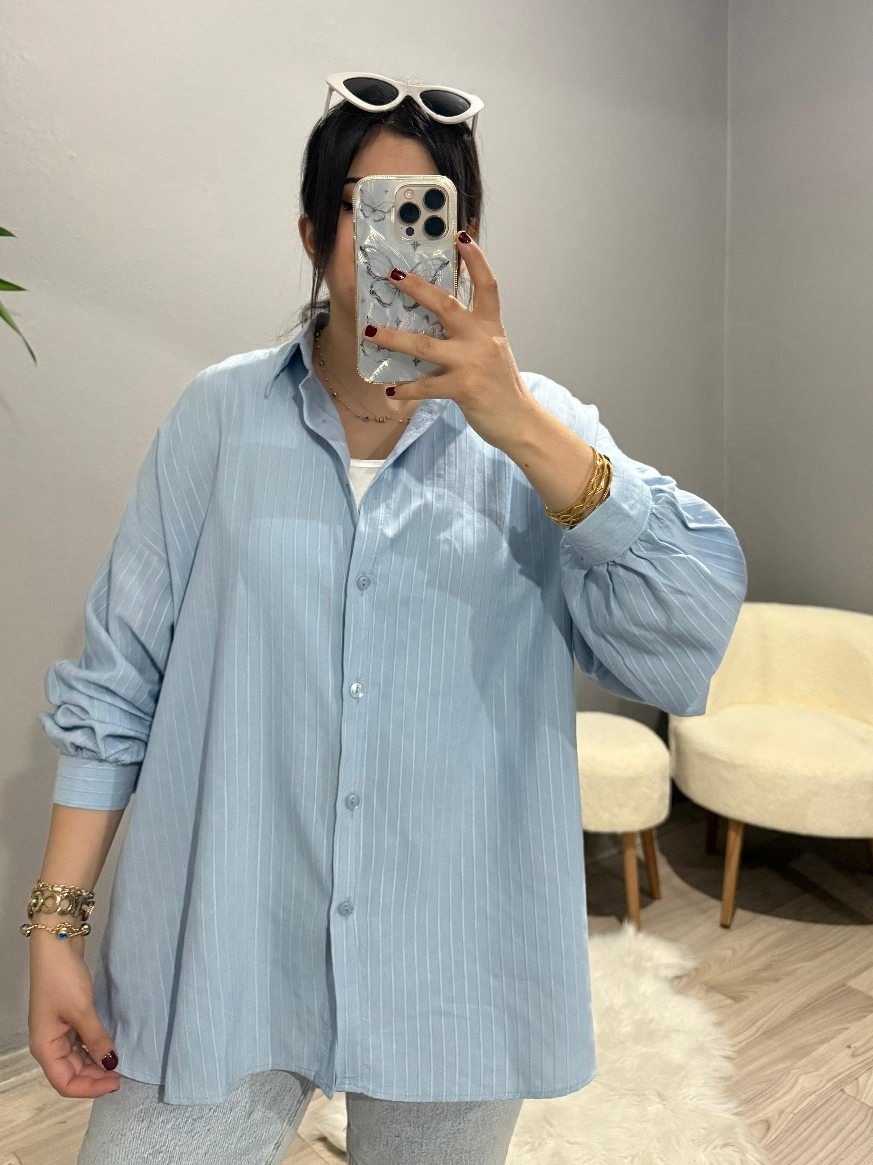 Çizgili Oversize Gömlek - Mavi