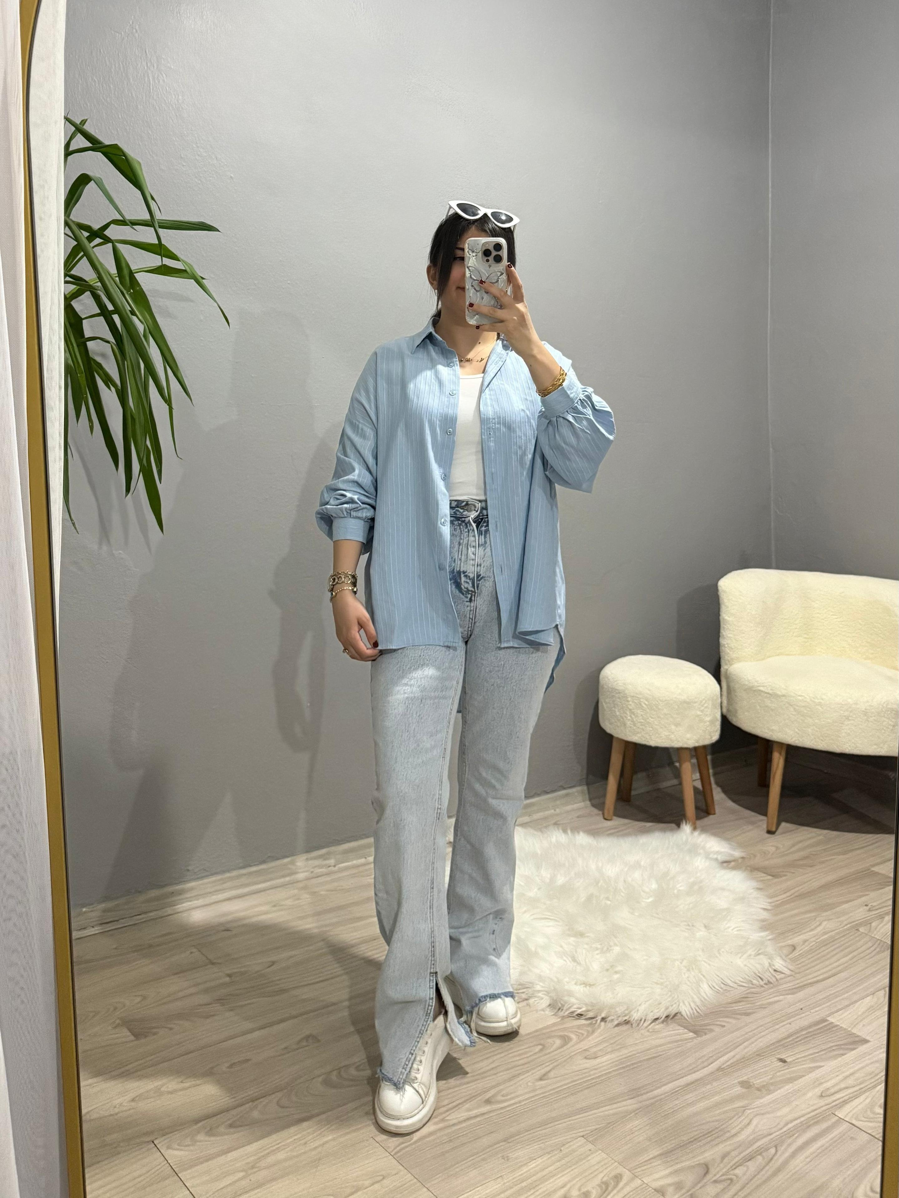 Çizgili Oversize Gömlek - Mavi