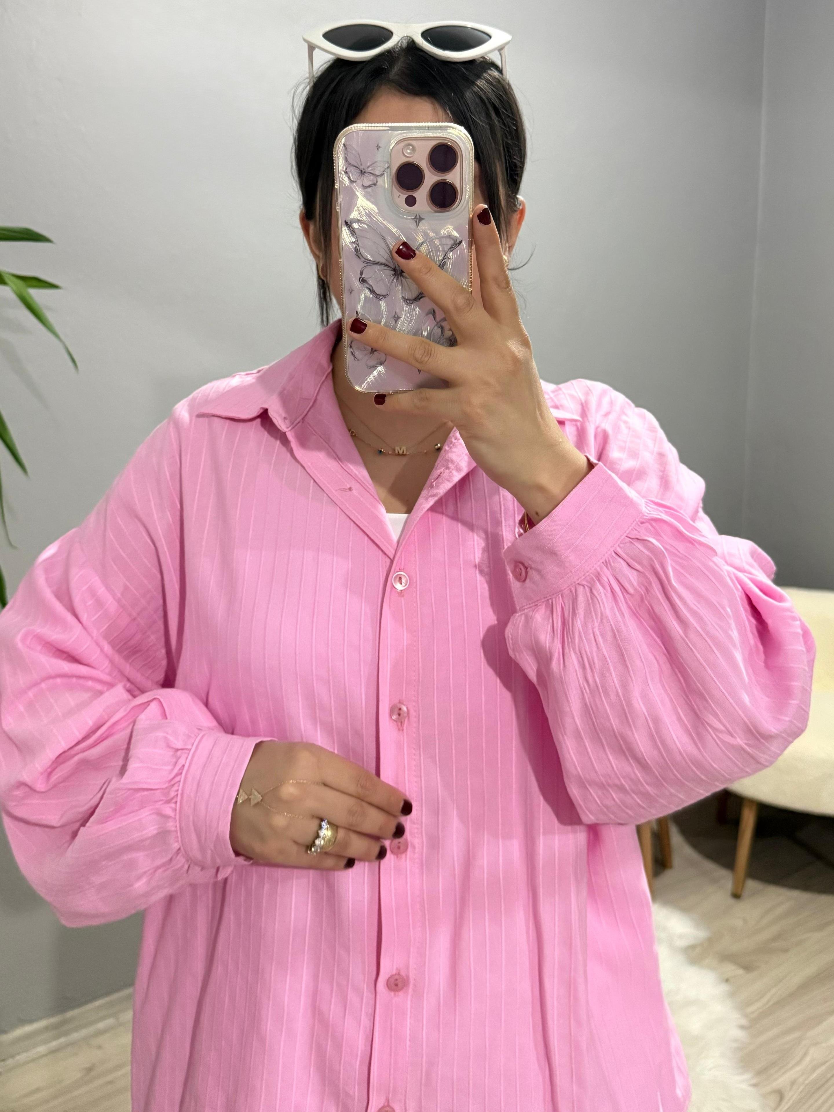Çizgili Oversize Gömlek - Pembe