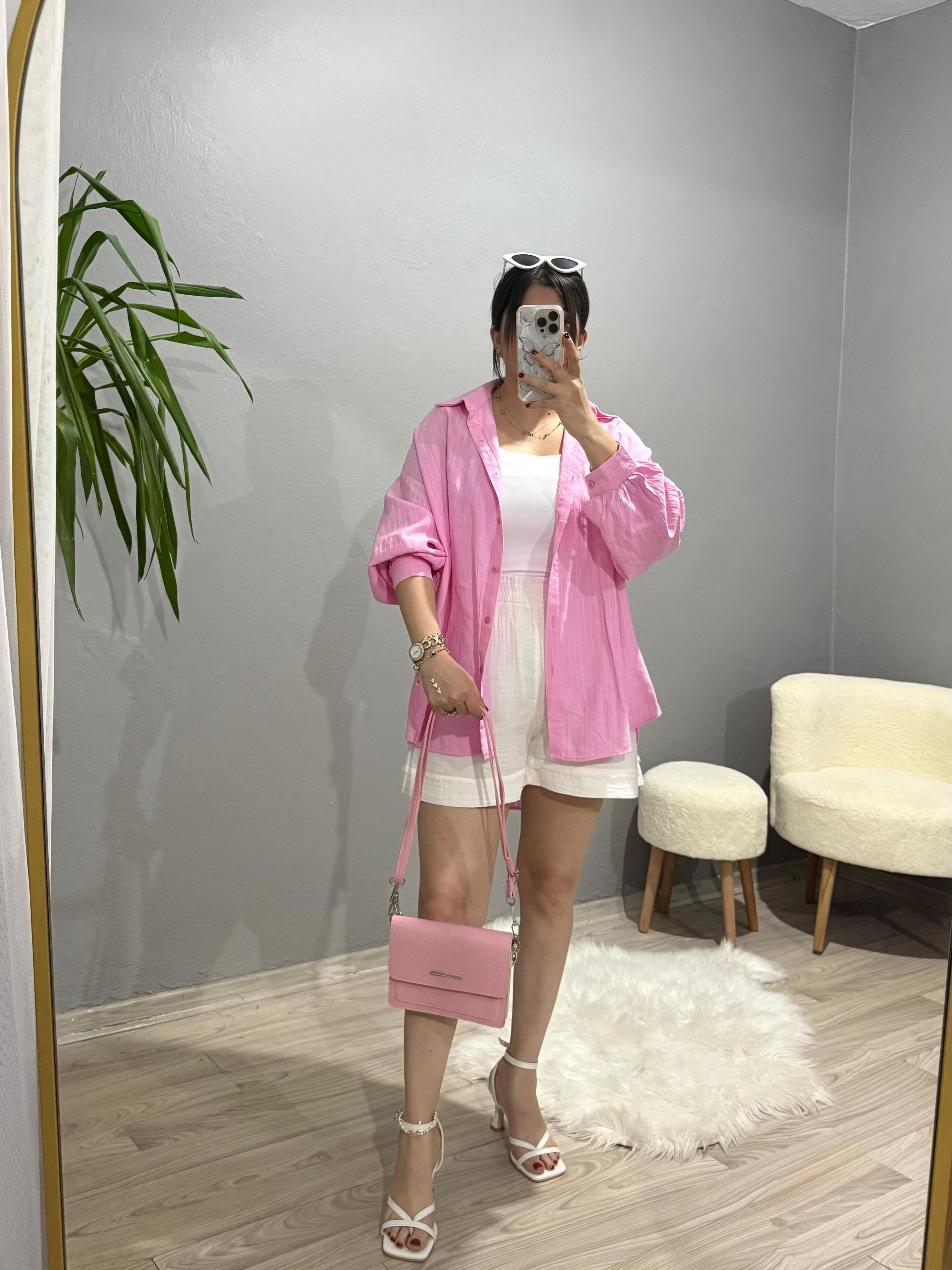 Çizgili Oversize Gömlek - Pembe