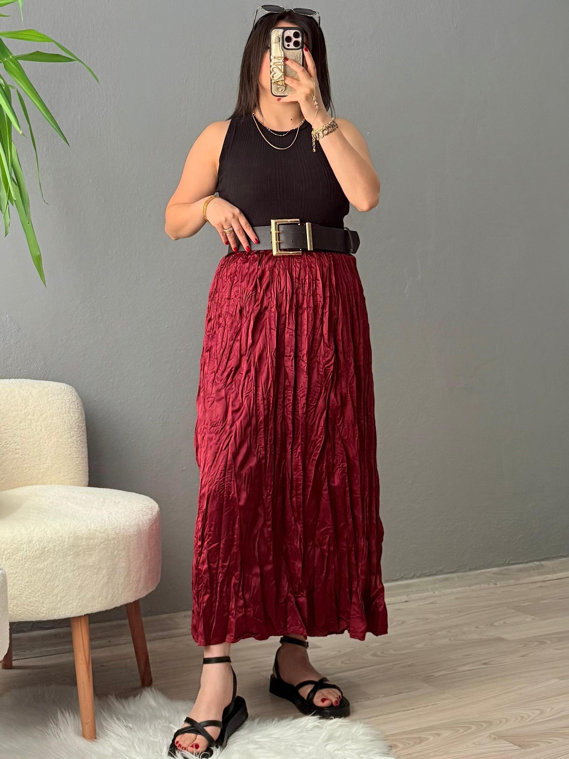 Kırışık Beli Lastikli Saten Etek - Bordo