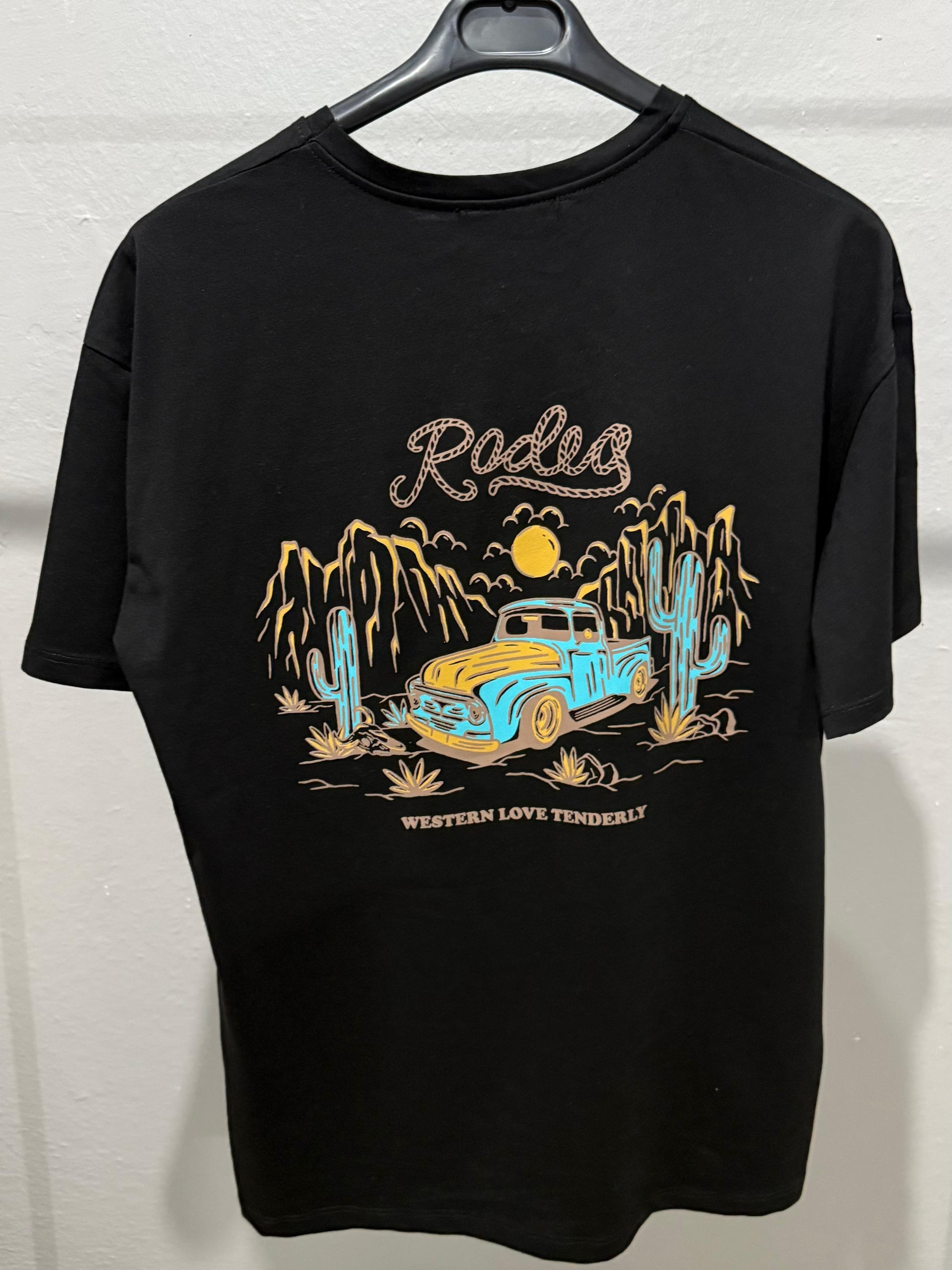 Ön Arka Baskılı Bisiklet Yaka Oversize Tshirt - Siyah