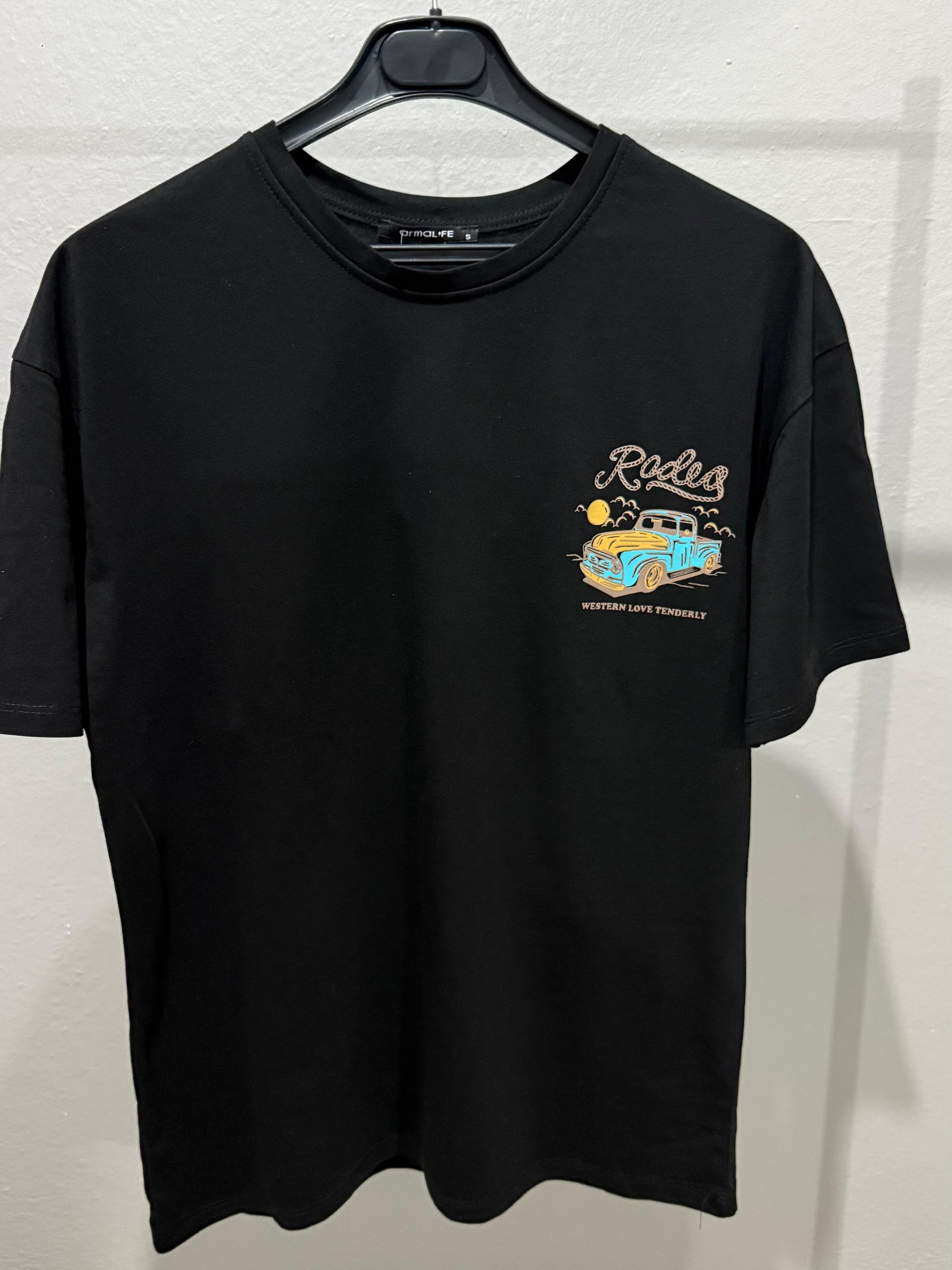 Ön Arka Baskılı Bisiklet Yaka Oversize Tshirt - Siyah