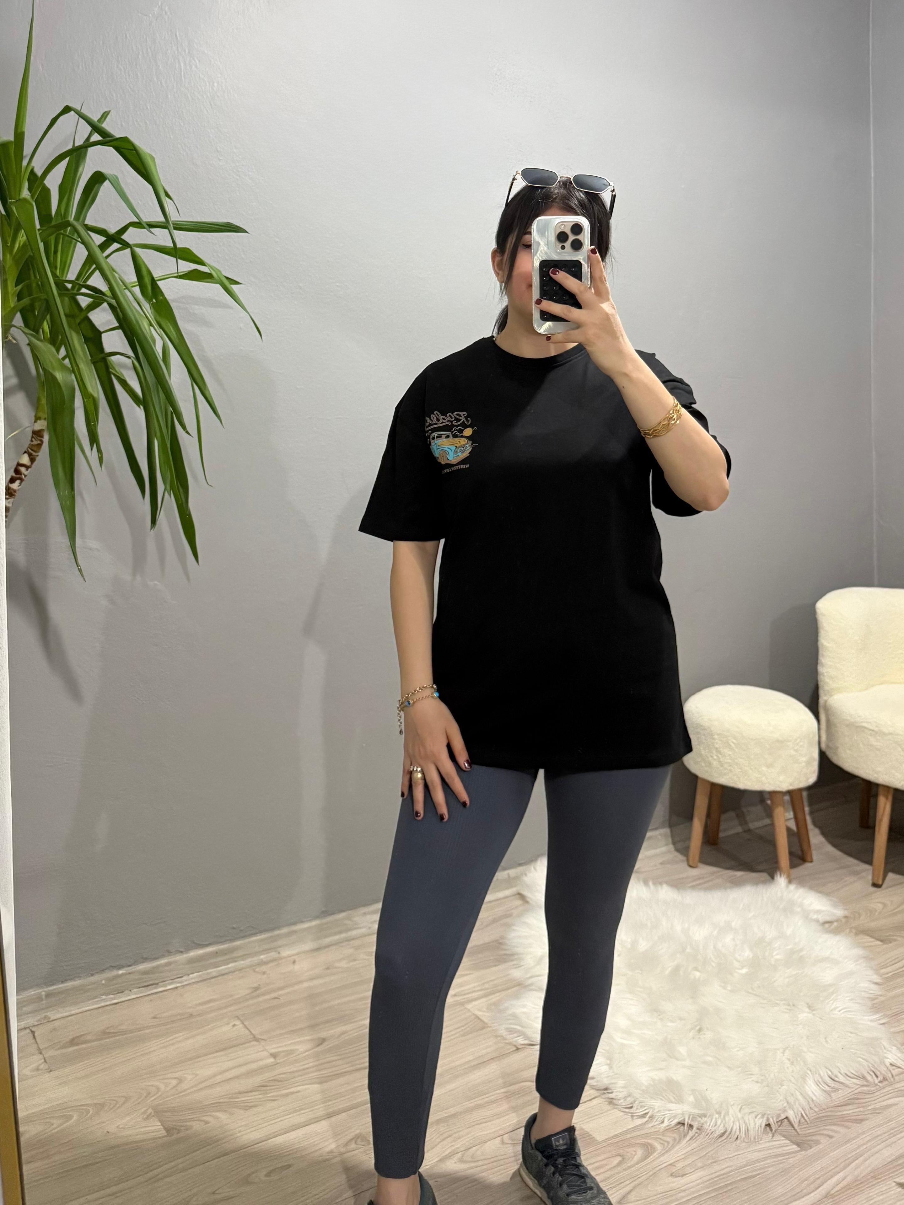 Ön Arka Baskılı Bisiklet Yaka Oversize Tshirt - Siyah