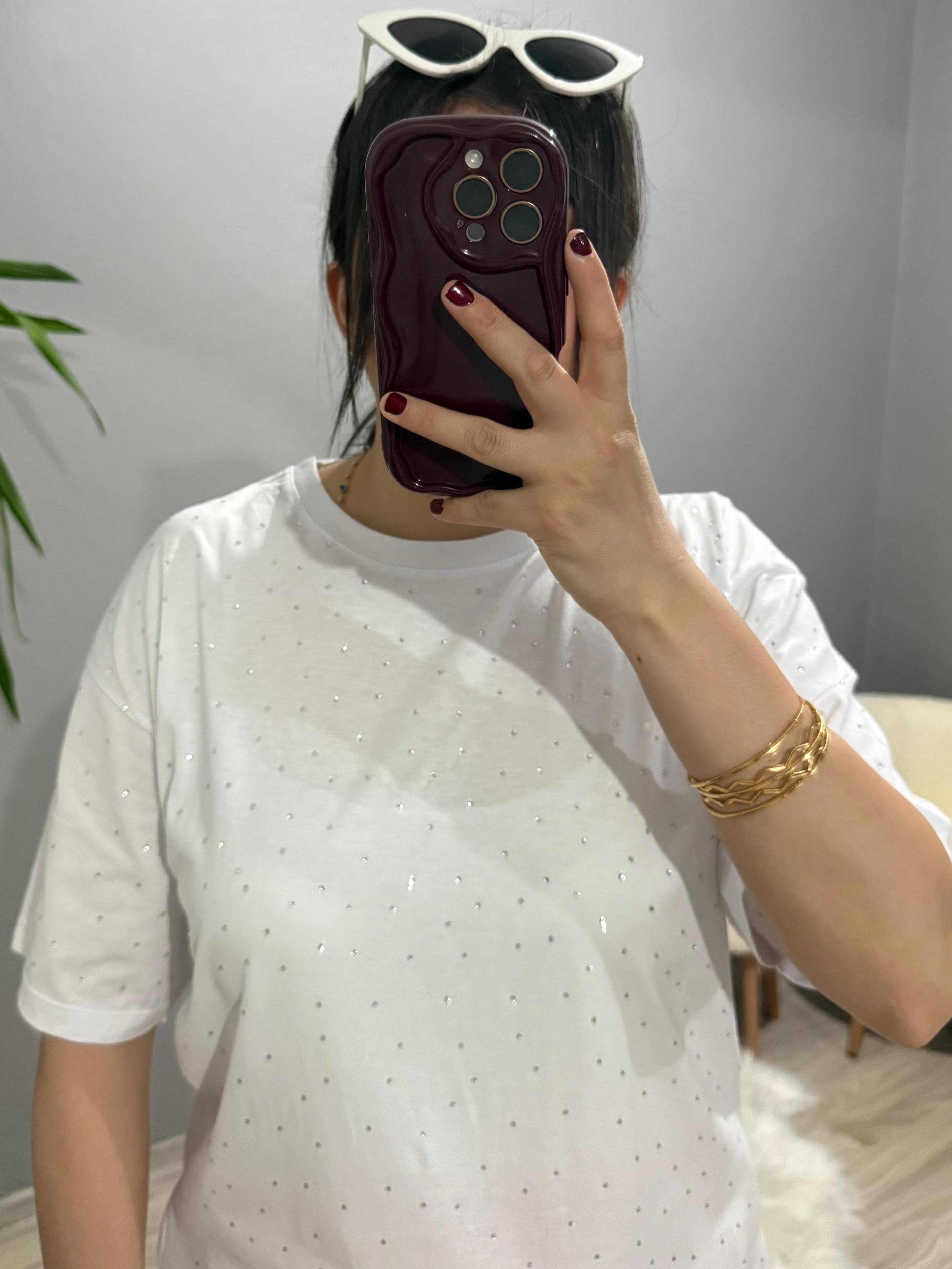 Oversize Taşlı Tshirt - Beyaz