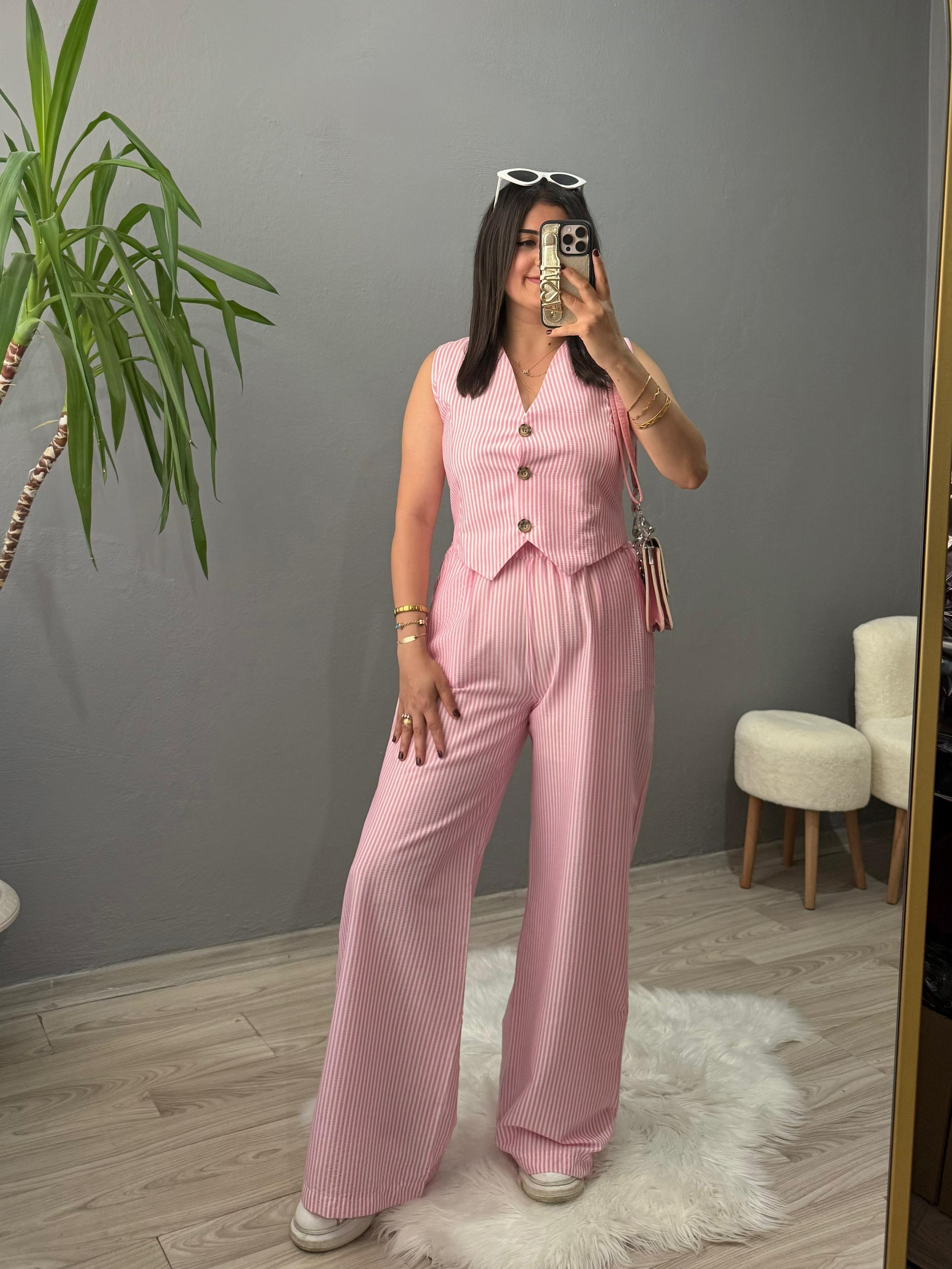 Premium Gofre Çizgili Takım - Pembe