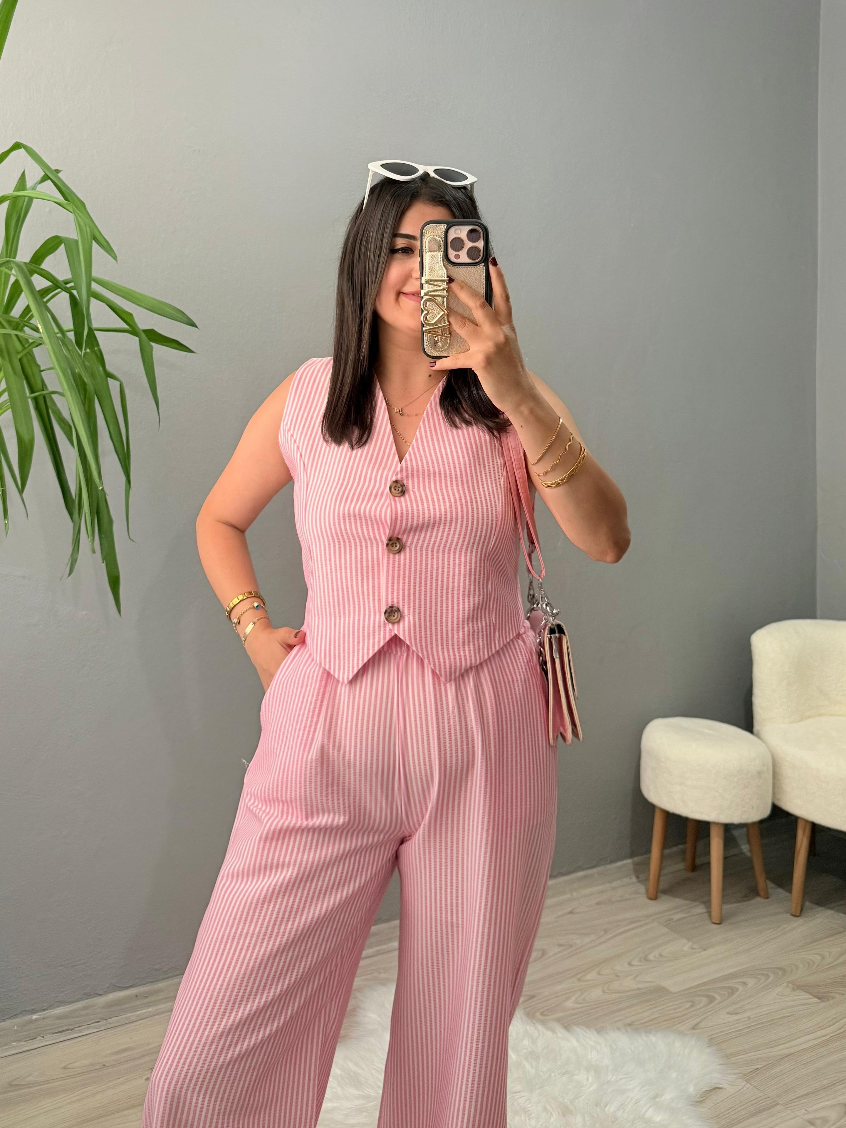 Premium Gofre Çizgili Takım - Pembe