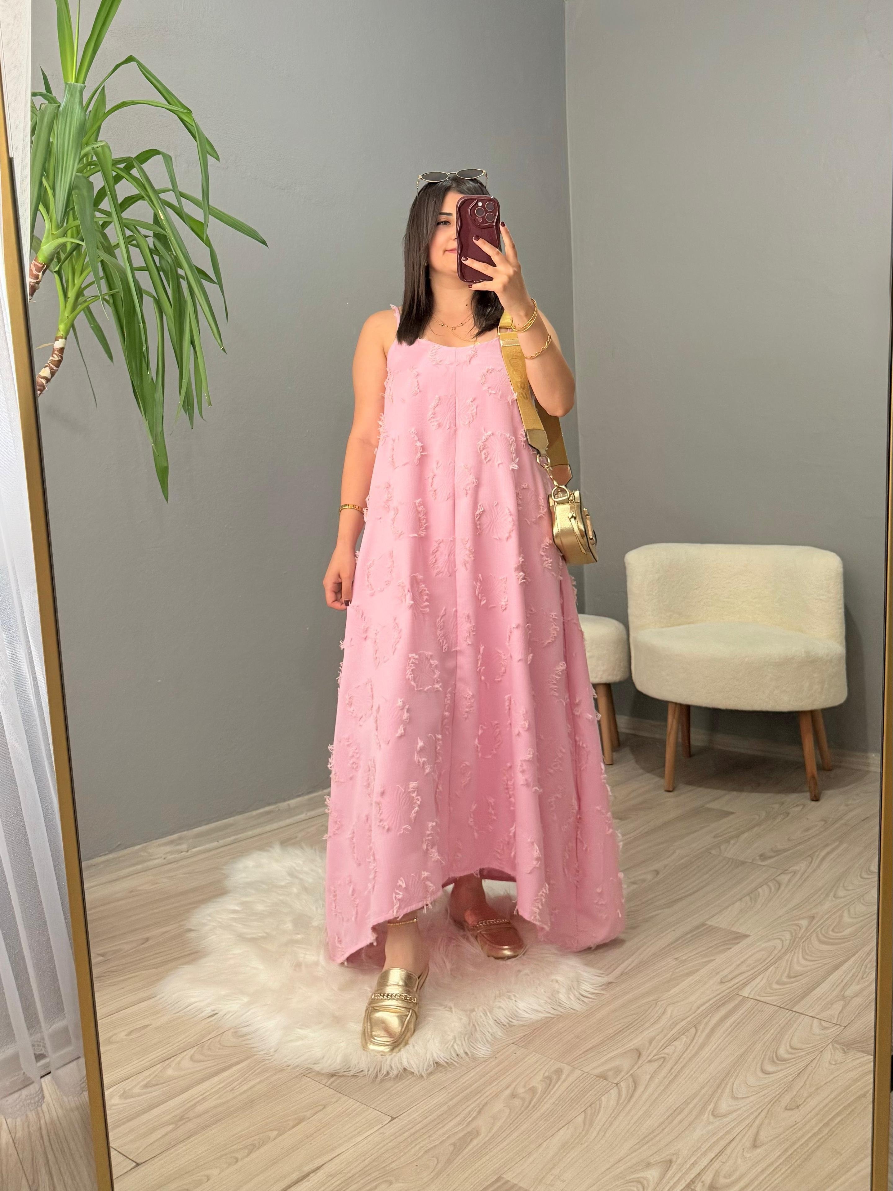 Püskül Detaylı Askılı Elbise - Pembe