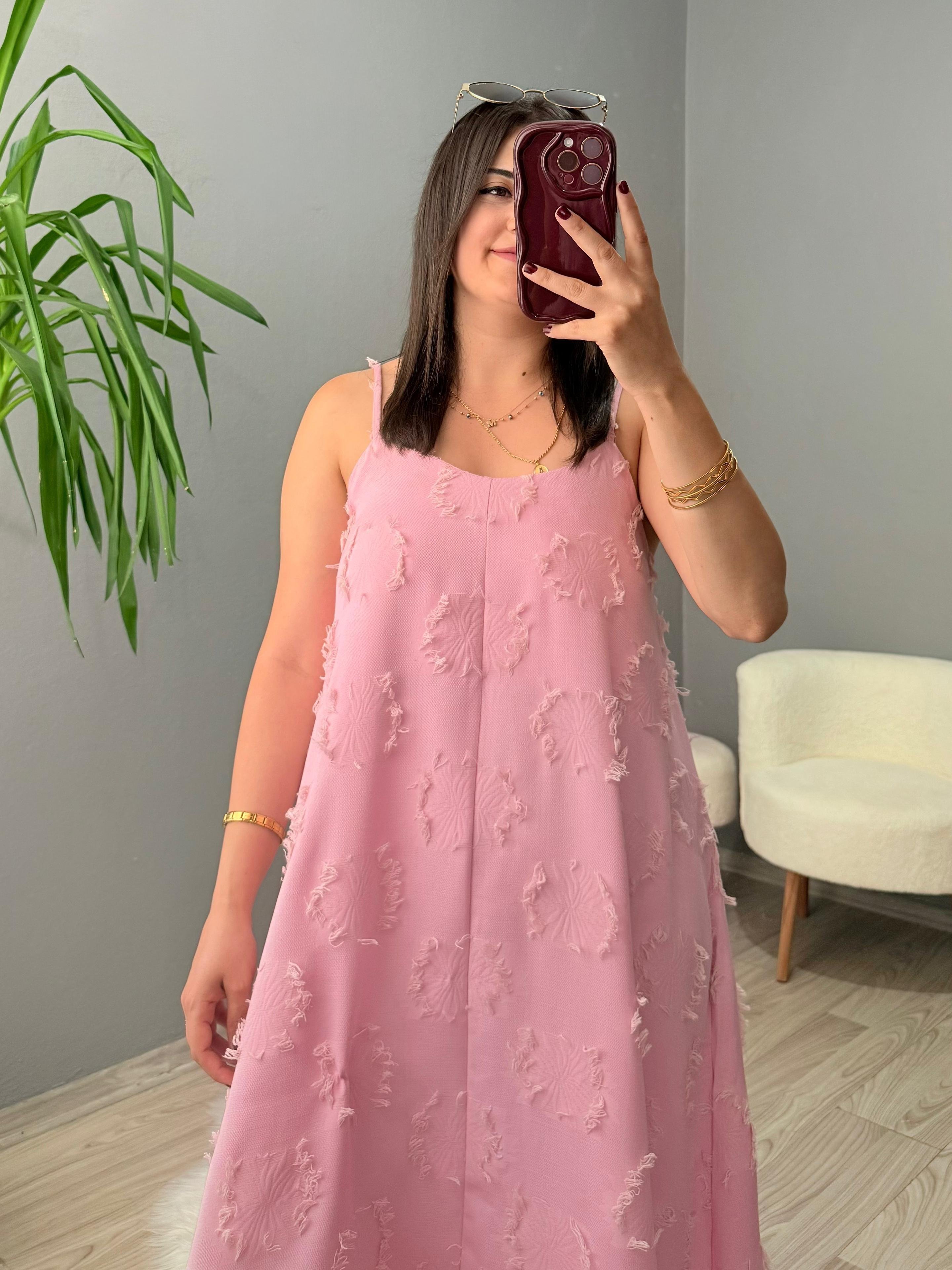 Püskül Detaylı Askılı Elbise - Pembe