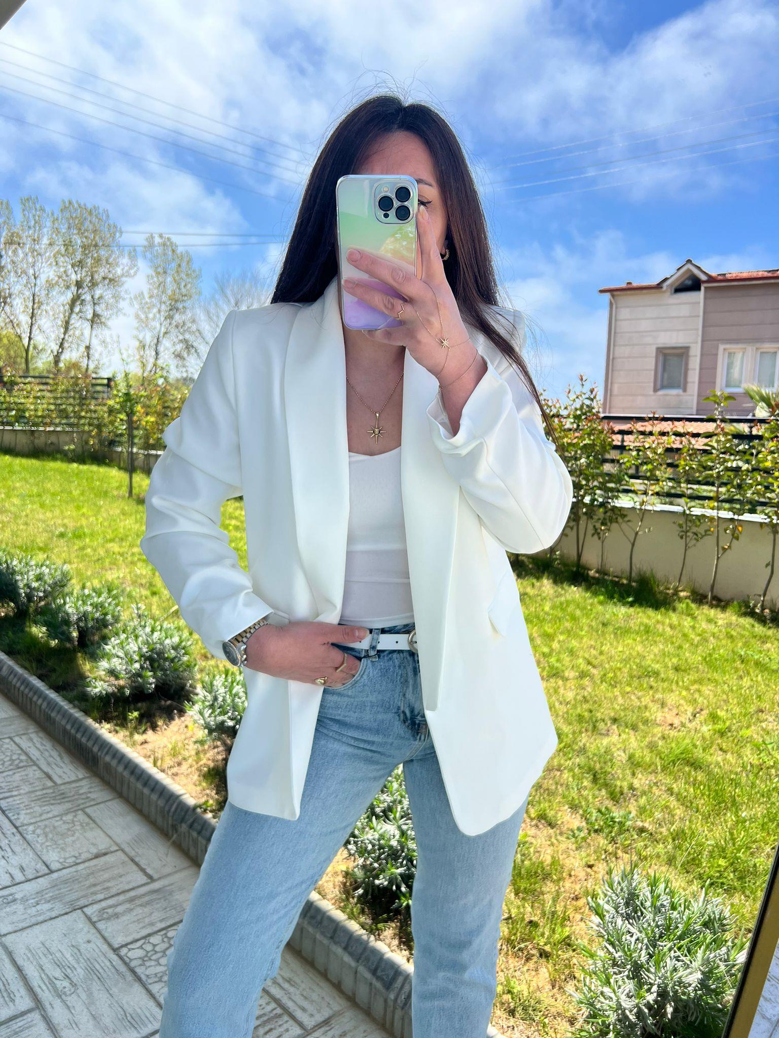  beyaz kol büzgülü blazer ceket - 1099