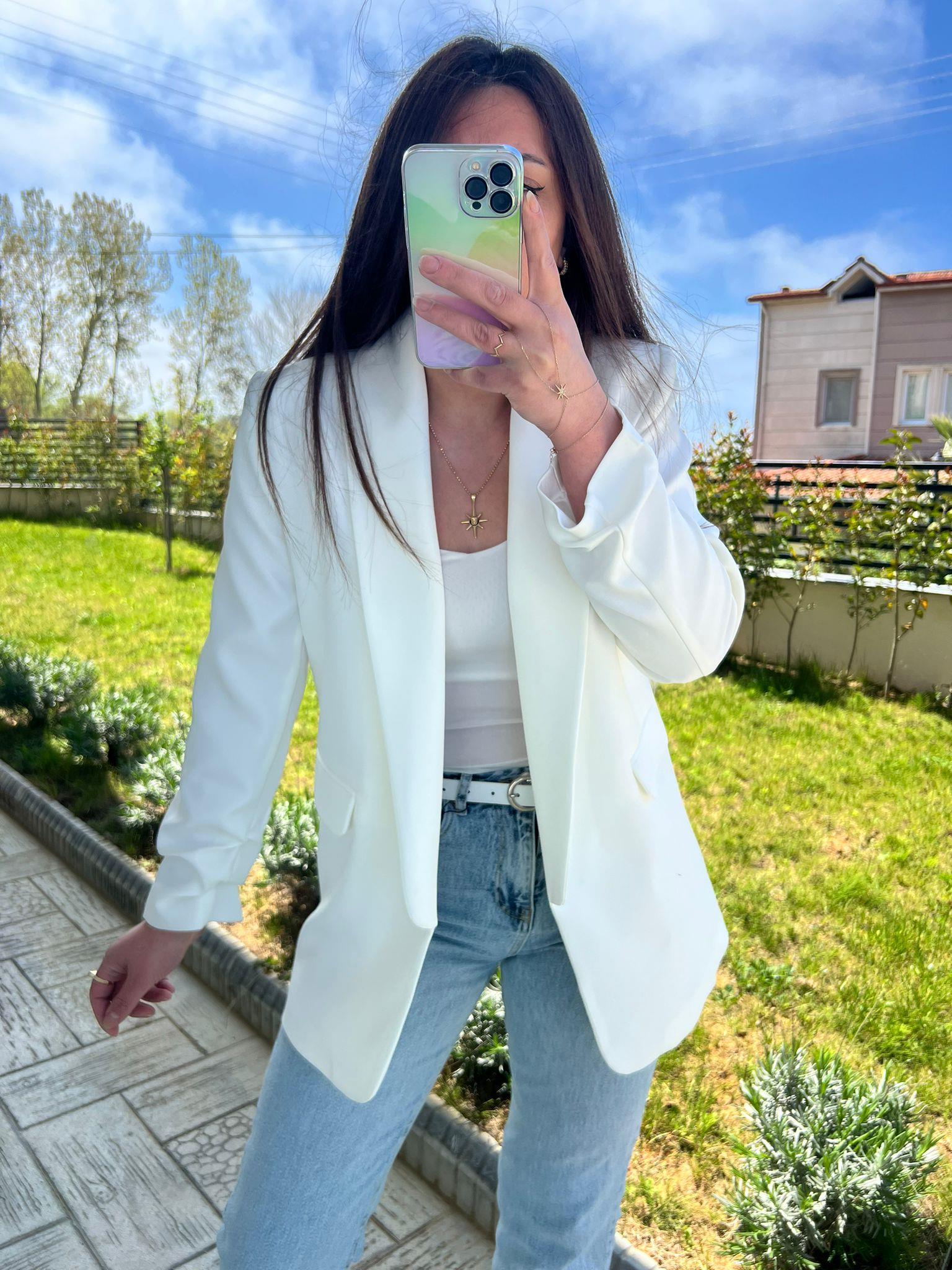  beyaz kol büzgülü blazer ceket - 1099