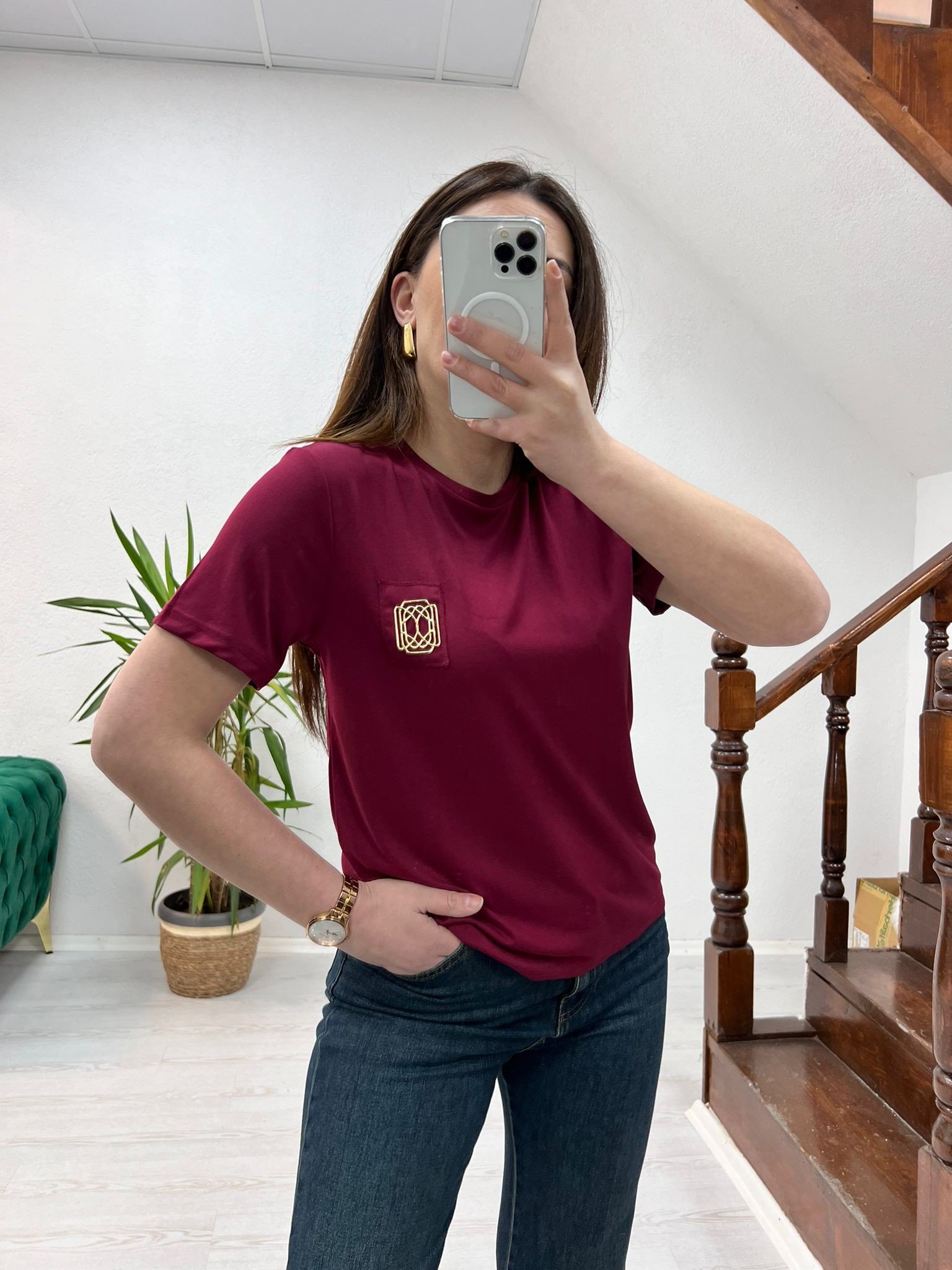AKSESUARLI  T-SHİRT BORDO - 1290