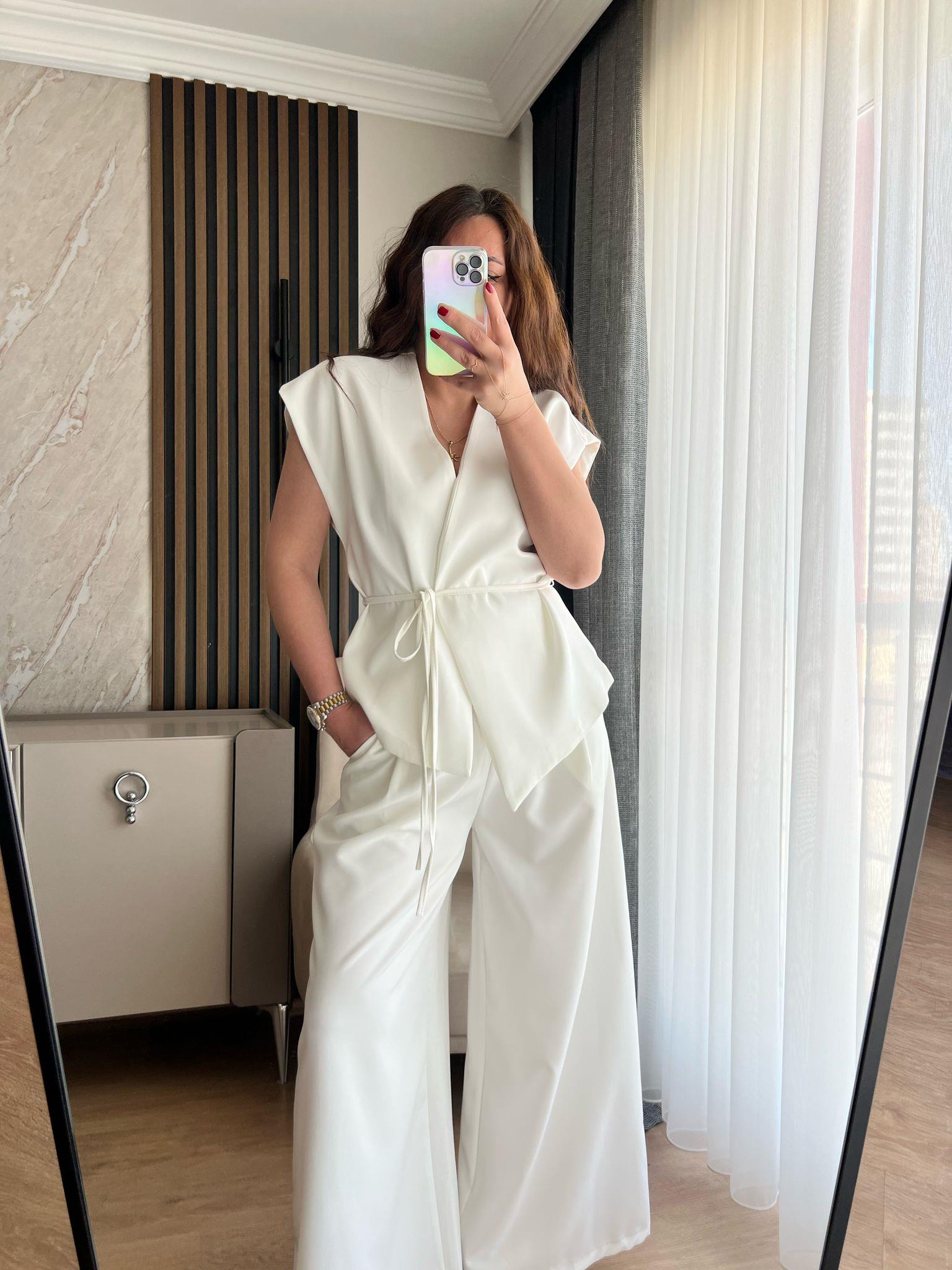 Asimetrik kesim Kuşaklı yelek pantalon takım 1076