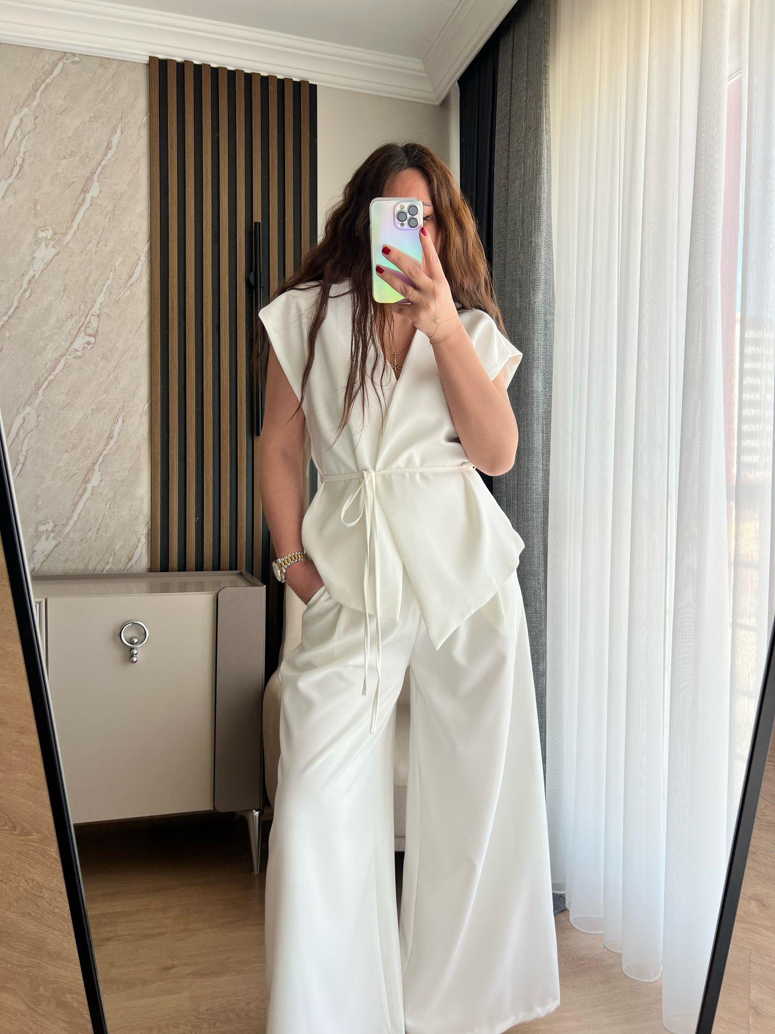 Asimetrik kesim Kuşaklı yelek pantalon takım 1076