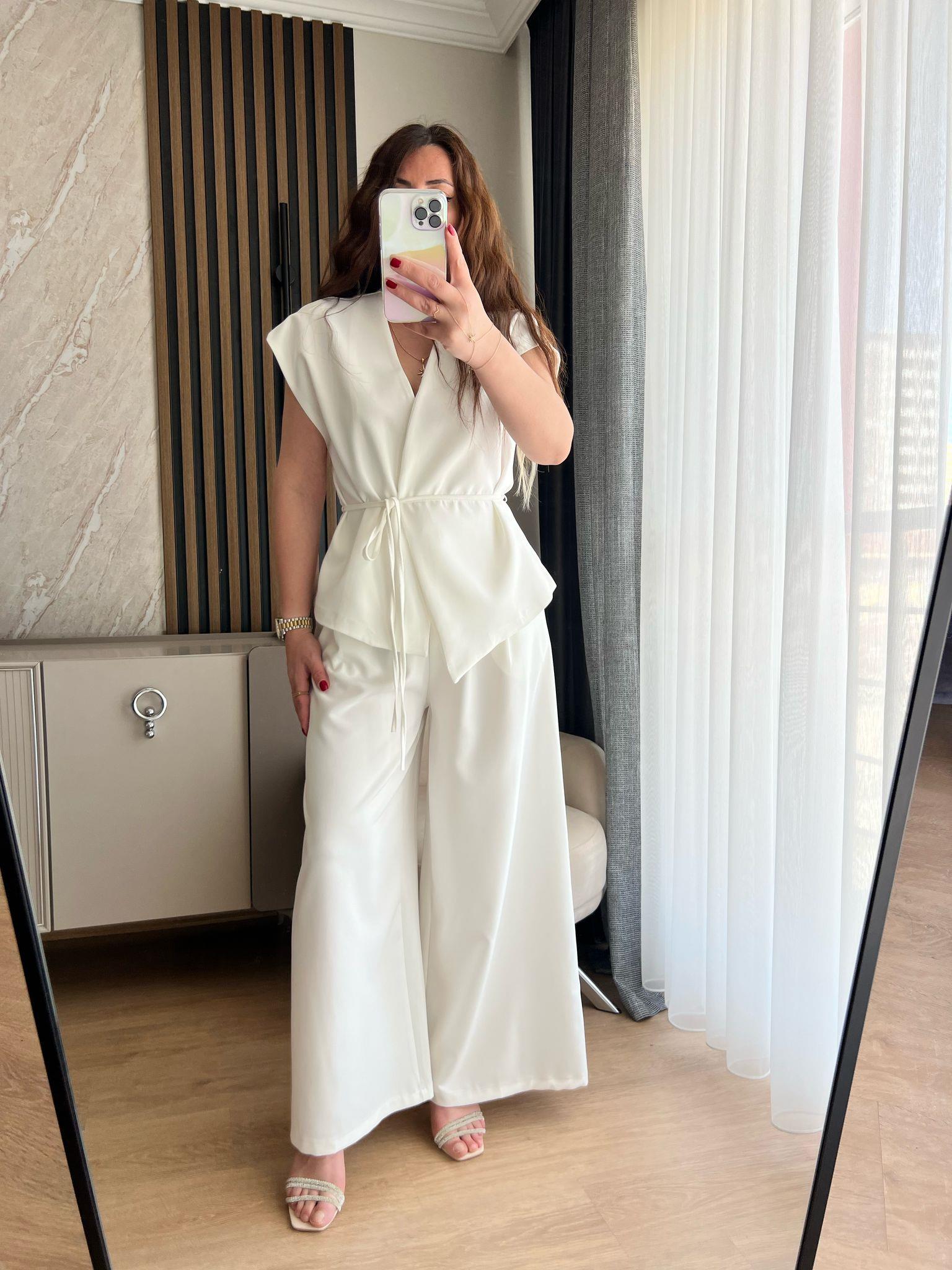 Asimetrik kesim Kuşaklı yelek pantalon takım 1076