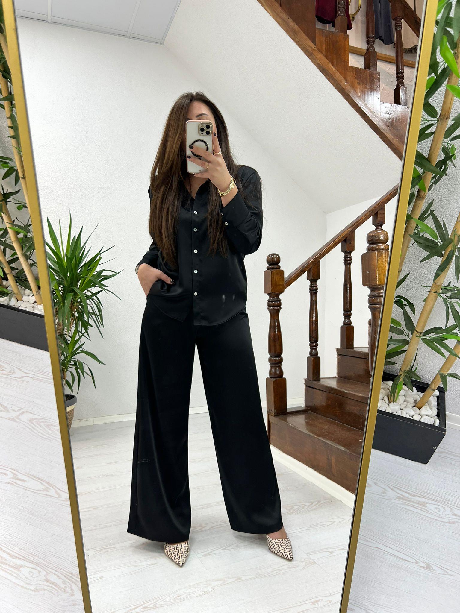 BEL LASTİKLİ SATEN PANTOLON SİYAH - 1217