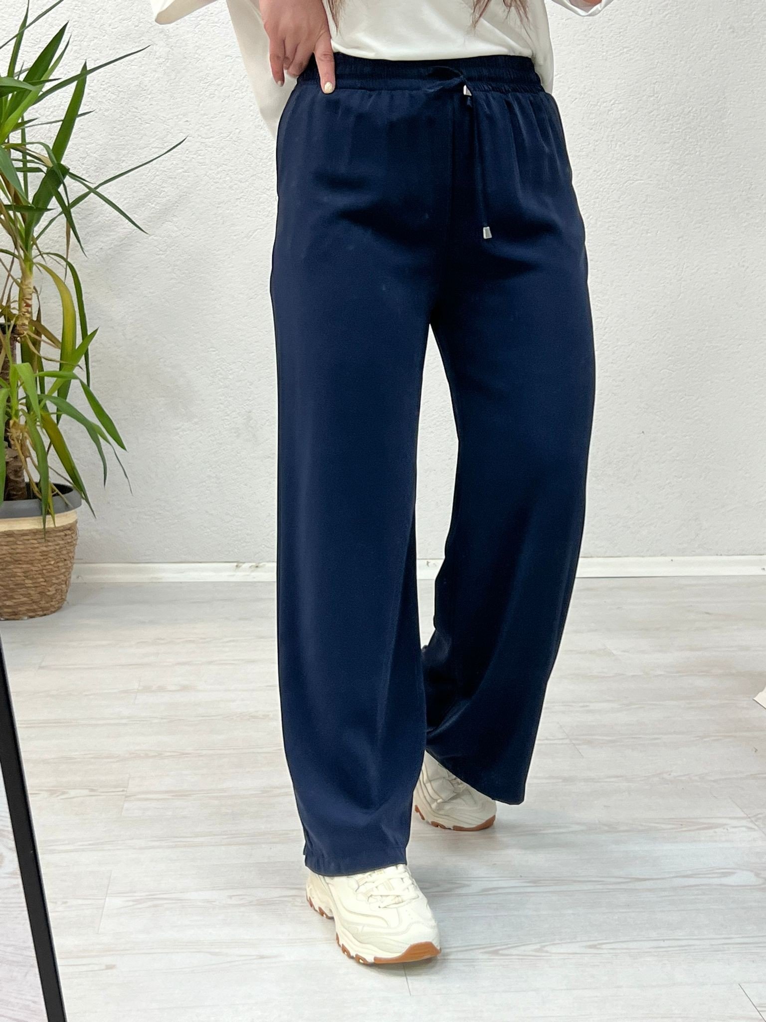 BEL LASTİKLİ TENSEL PANTOLON LACİVERT - 1348