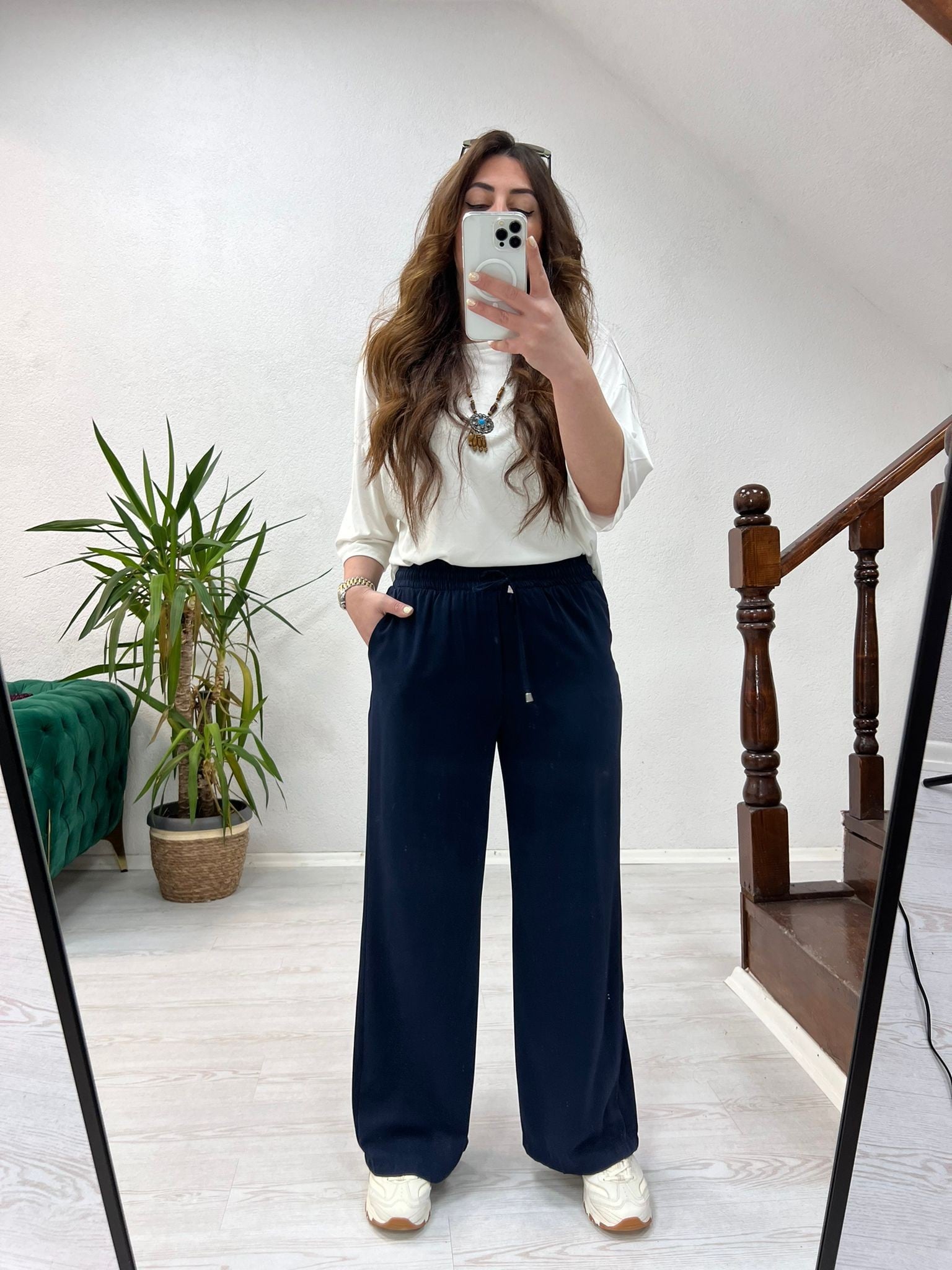BEL LASTİKLİ TENSEL PANTOLON LACİVERT - 1348