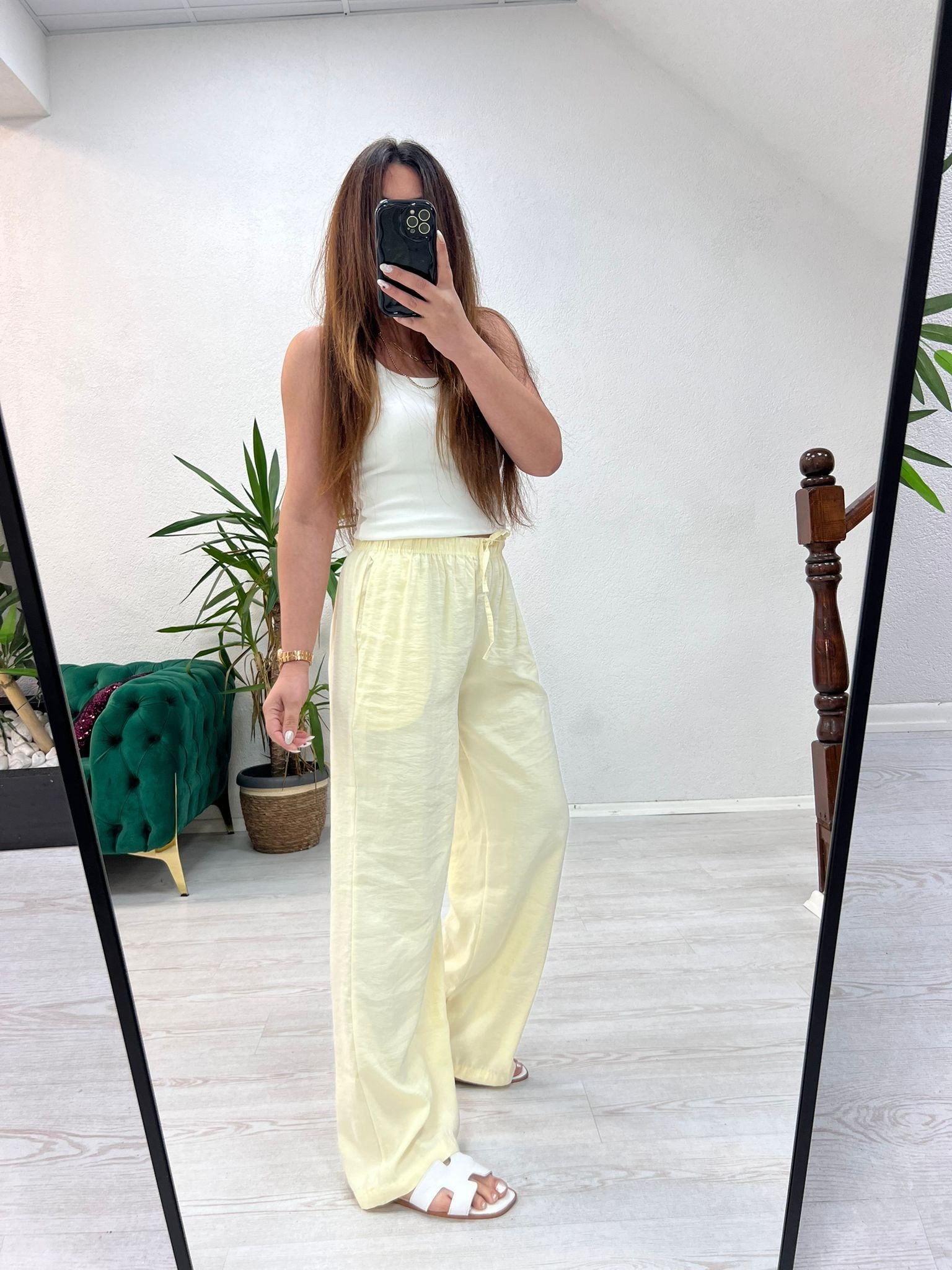 BEL LASTİKLİ TENSEL PANTOLON SARI - 1433