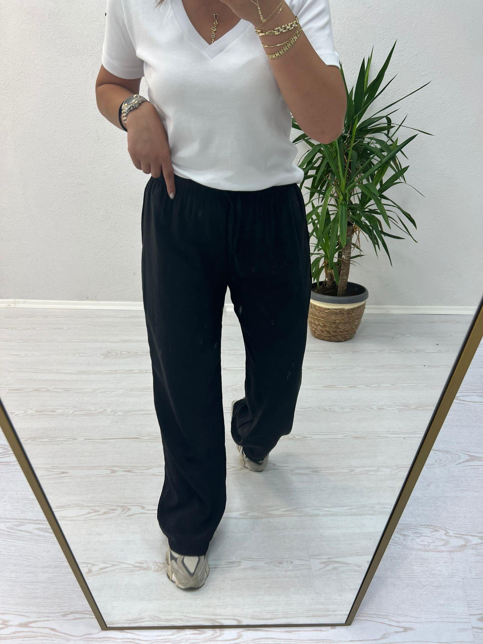 BEL LASTİKLİ TENSEL PANTOLON SİYAH- 1132